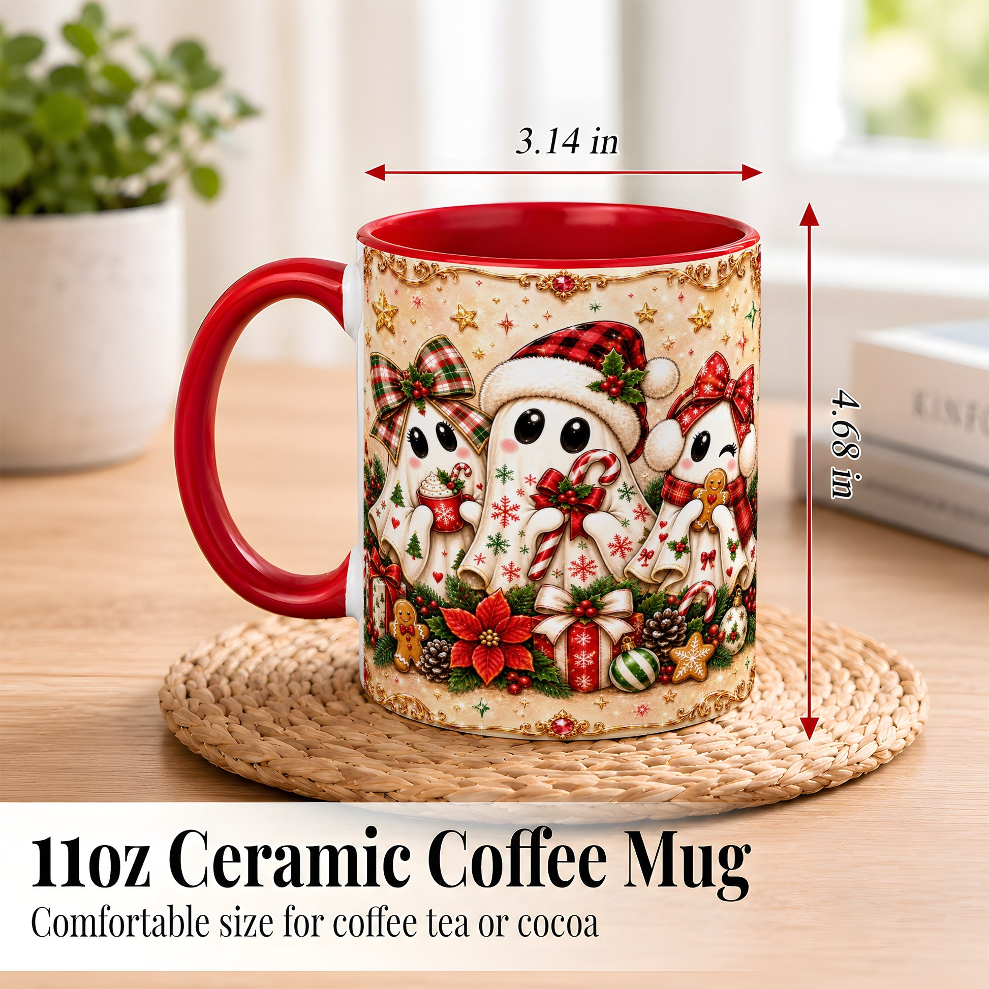 #pl[11oz|Red] Christmas Ghost Trio Coffee Mug, Holiday Ghost Mug, Ceramic Cup