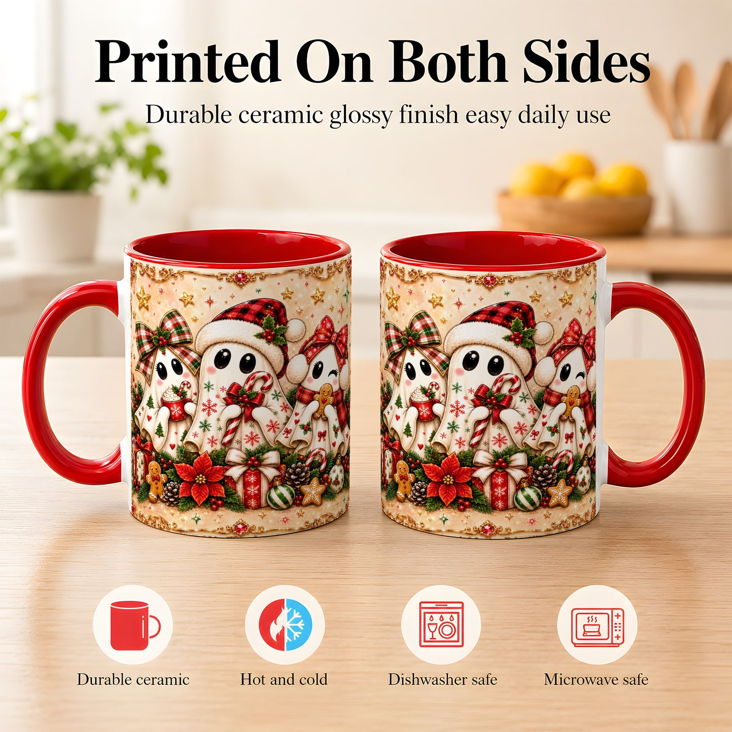 #pl[11oz|Red] Christmas Ghost Trio Coffee Mug, Holiday Ghost Mug, Ceramic Cup