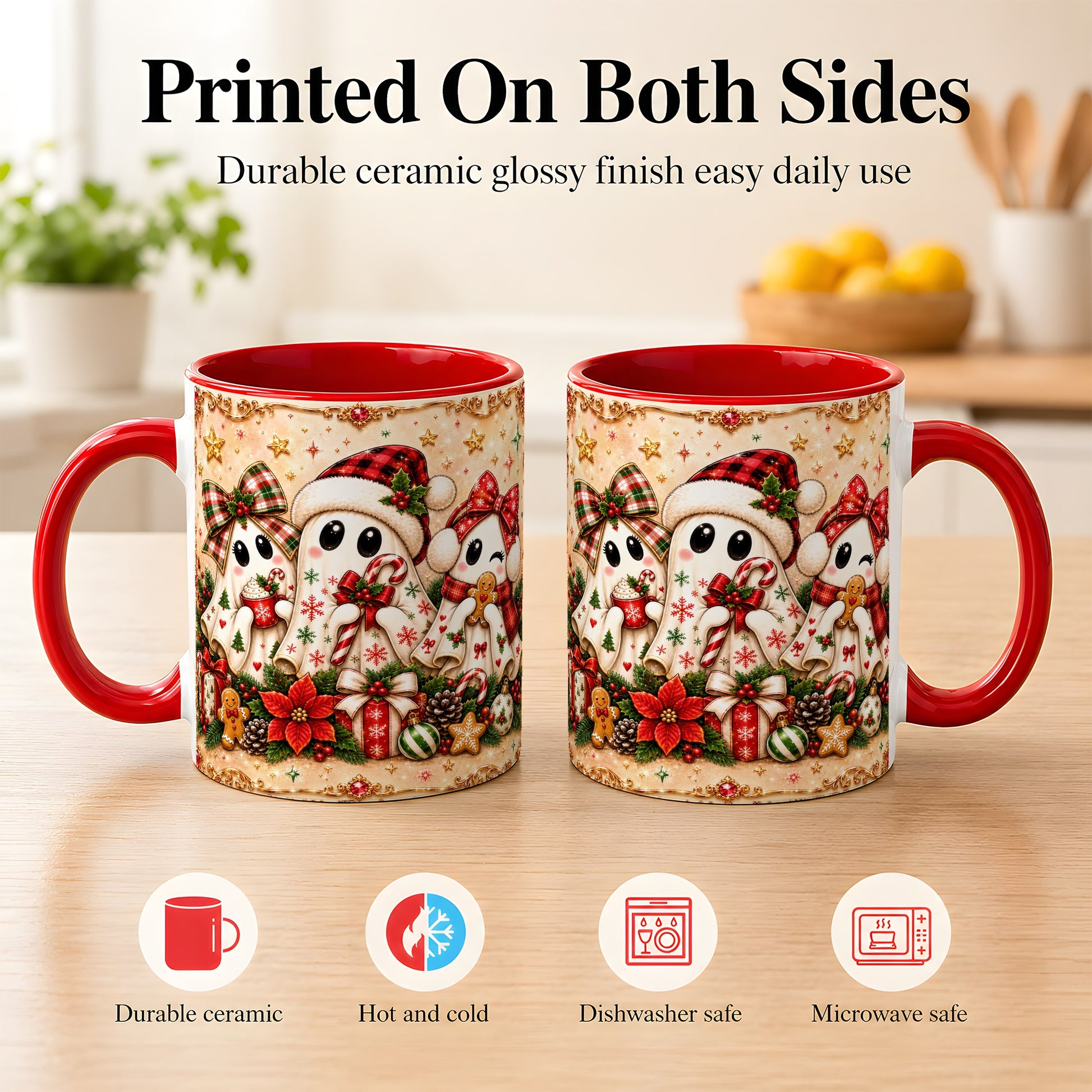 #pl[11oz|Red] Christmas Ghost Trio Coffee Mug, Holiday Ghost Mug, Ceramic Cup
