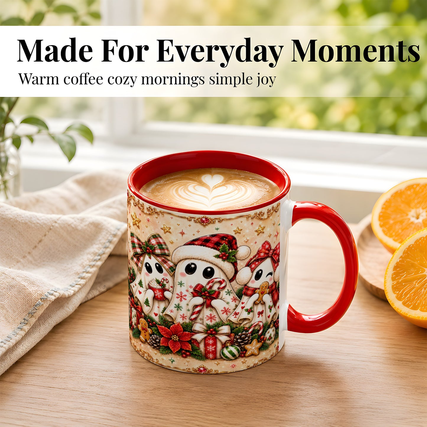 #pl[11oz|Red] Christmas Ghost Trio Coffee Mug, Holiday Ghost Mug, Ceramic Cup