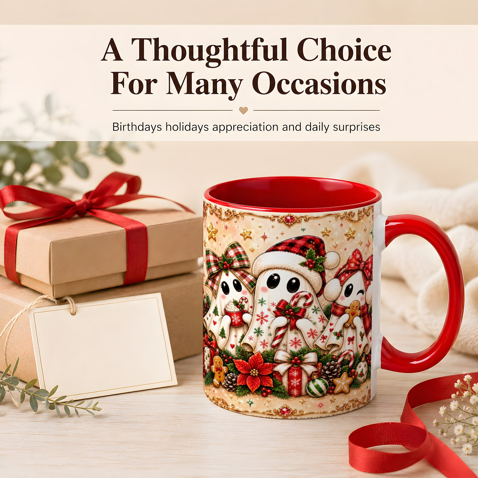#pl[11oz|Red] Christmas Ghost Trio Coffee Mug, Holiday Ghost Mug, Ceramic Cup