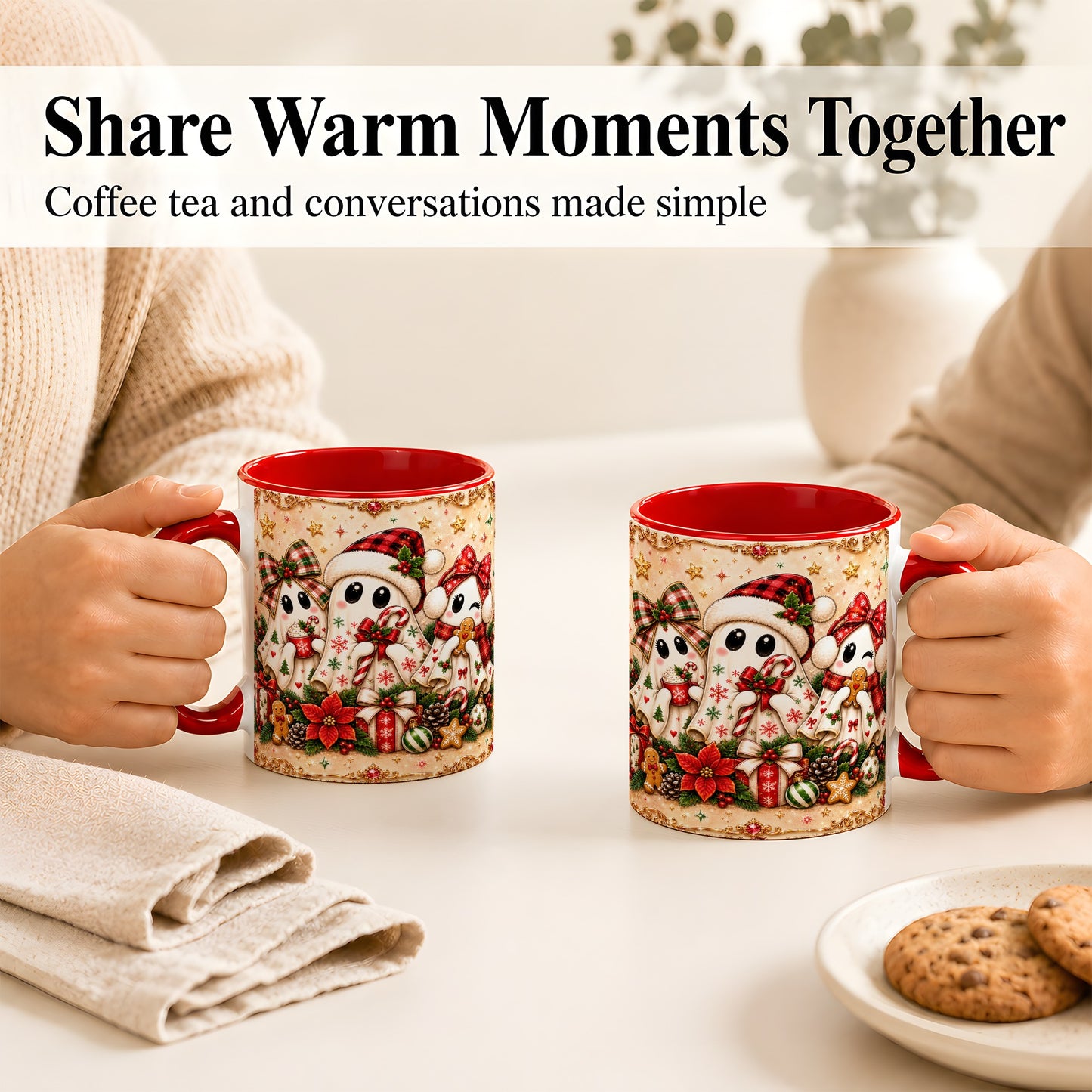 #pl[11oz|Red] Christmas Ghost Trio Coffee Mug, Holiday Ghost Mug, Ceramic Cup