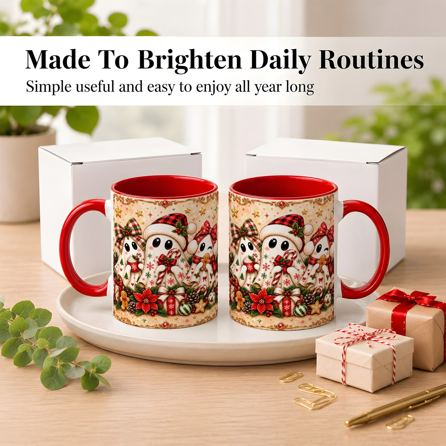 #pl[11oz|Red] Christmas Ghost Trio Coffee Mug, Holiday Ghost Mug, Ceramic Cup
