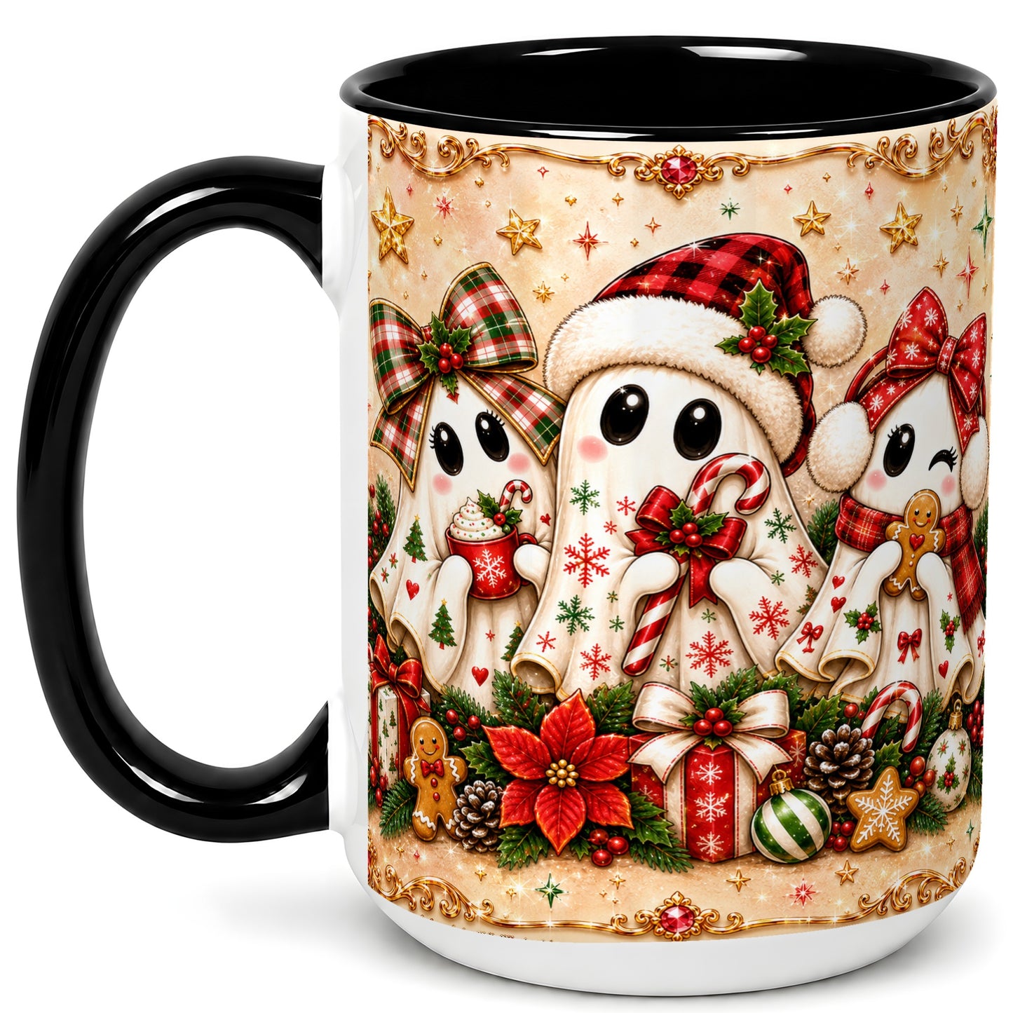 #pl[15oz|Black] Christmas Ghost Trio Coffee Mug, Holiday Ghost Mug, Ceramic Cup