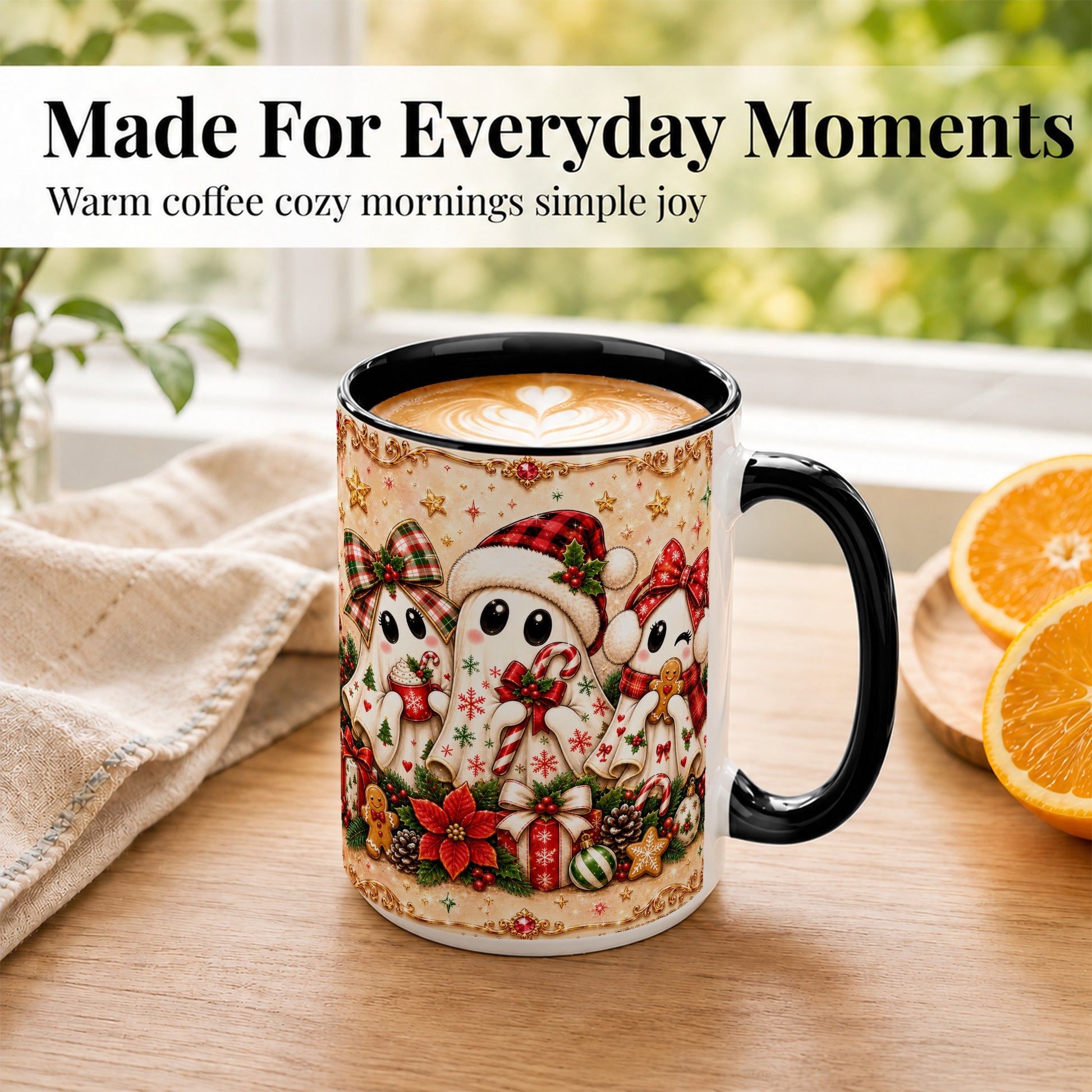 #pl[15oz|Black] Christmas Ghost Trio Coffee Mug, Holiday Ghost Mug, Ceramic Cup