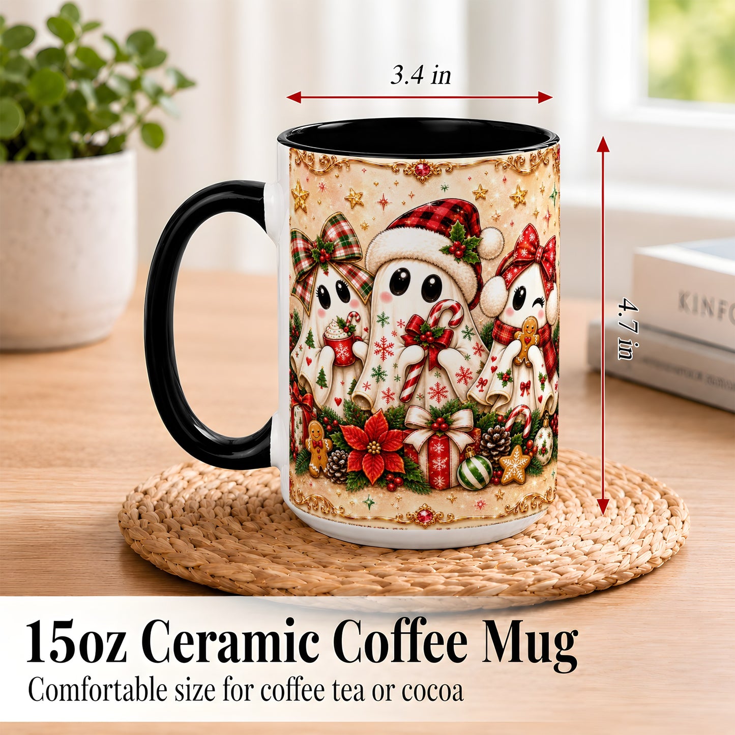 #pl[15oz|Black] Christmas Ghost Trio Coffee Mug, Holiday Ghost Mug, Ceramic Cup