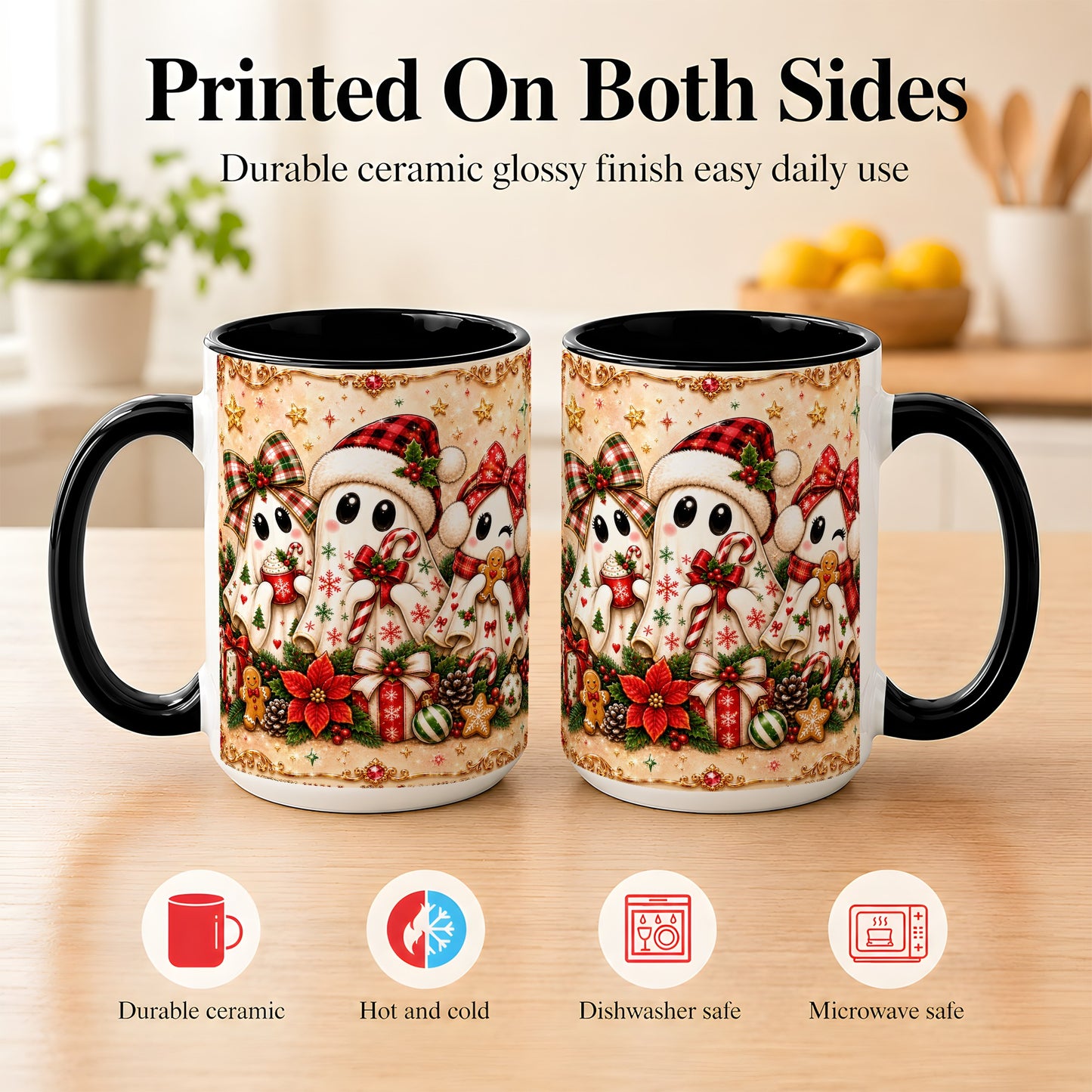 #pl[15oz|Black] Christmas Ghost Trio Coffee Mug, Holiday Ghost Mug, Ceramic Cup