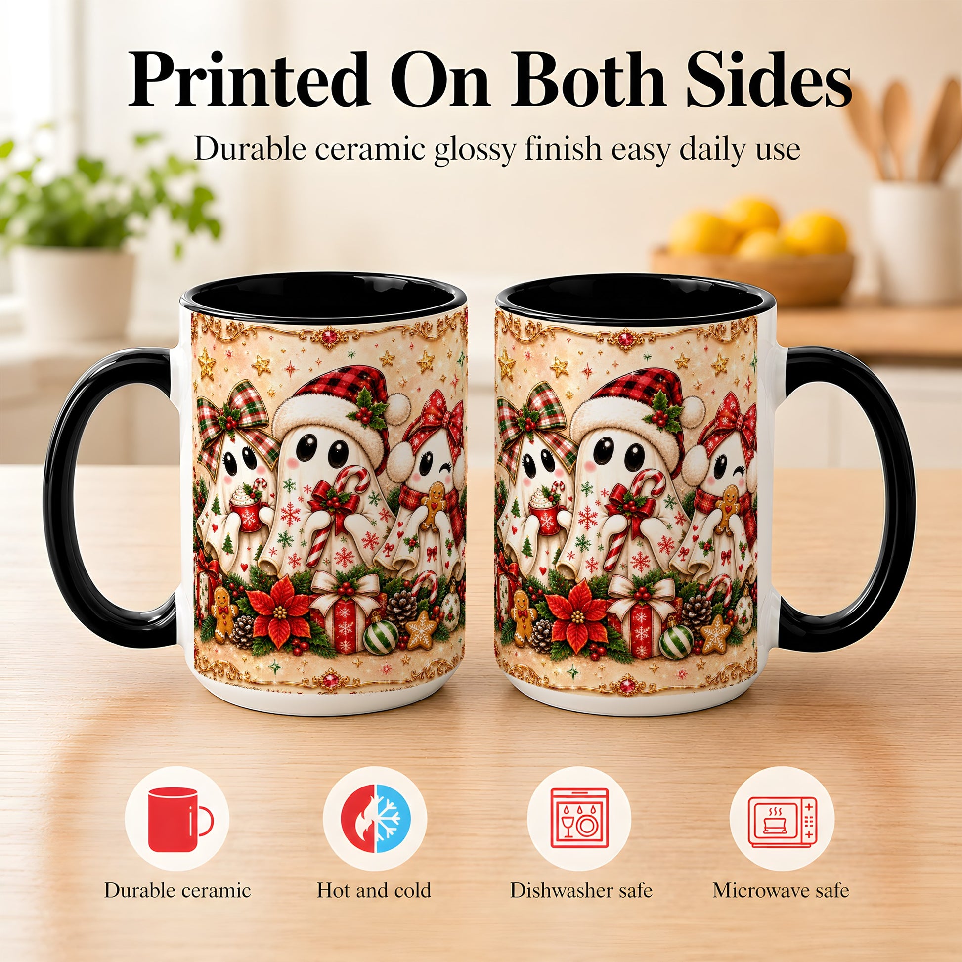 #pl[15oz|Black] Christmas Ghost Trio Coffee Mug, Holiday Ghost Mug, Ceramic Cup