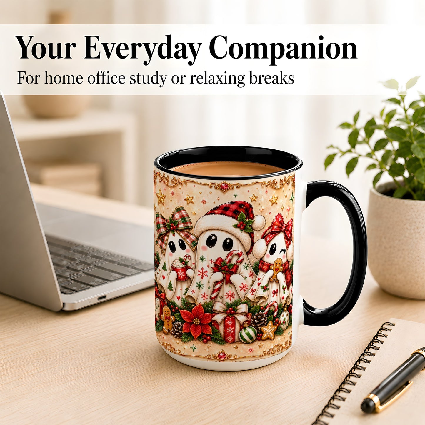 #pl[15oz|Black] Christmas Ghost Trio Coffee Mug, Holiday Ghost Mug, Ceramic Cup