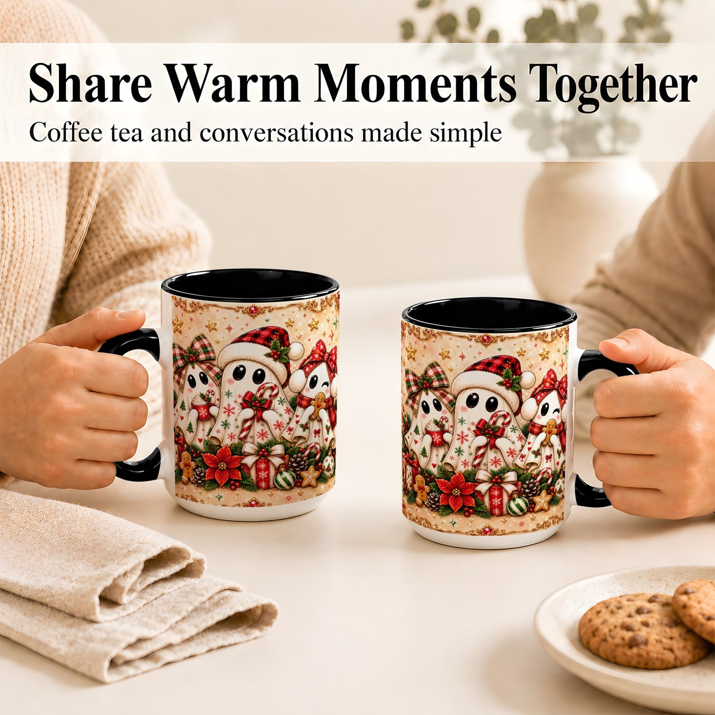 #pl[15oz|Black] Christmas Ghost Trio Coffee Mug, Holiday Ghost Mug, Ceramic Cup