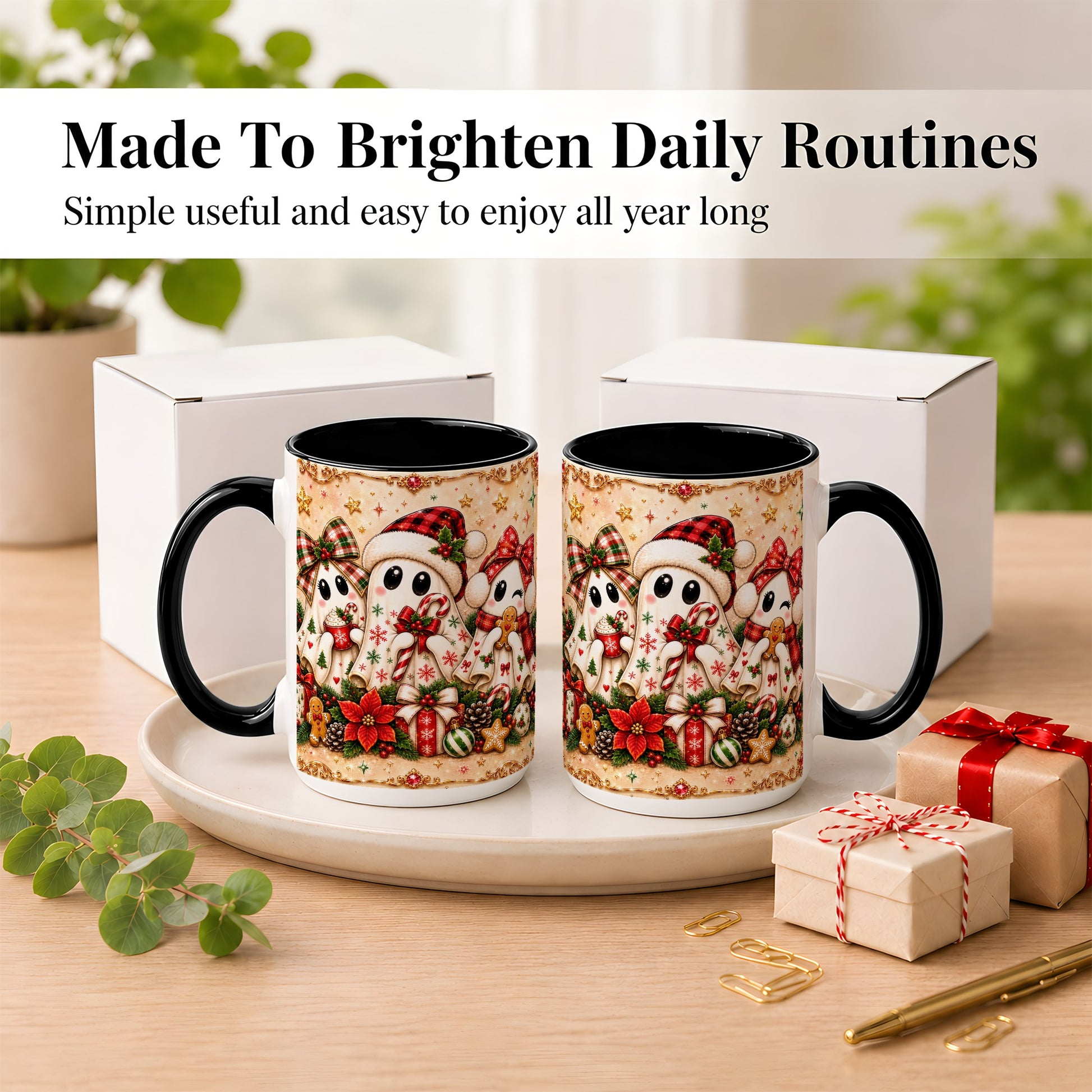 #pl[15oz|Black] Christmas Ghost Trio Coffee Mug, Holiday Ghost Mug, Ceramic Cup
