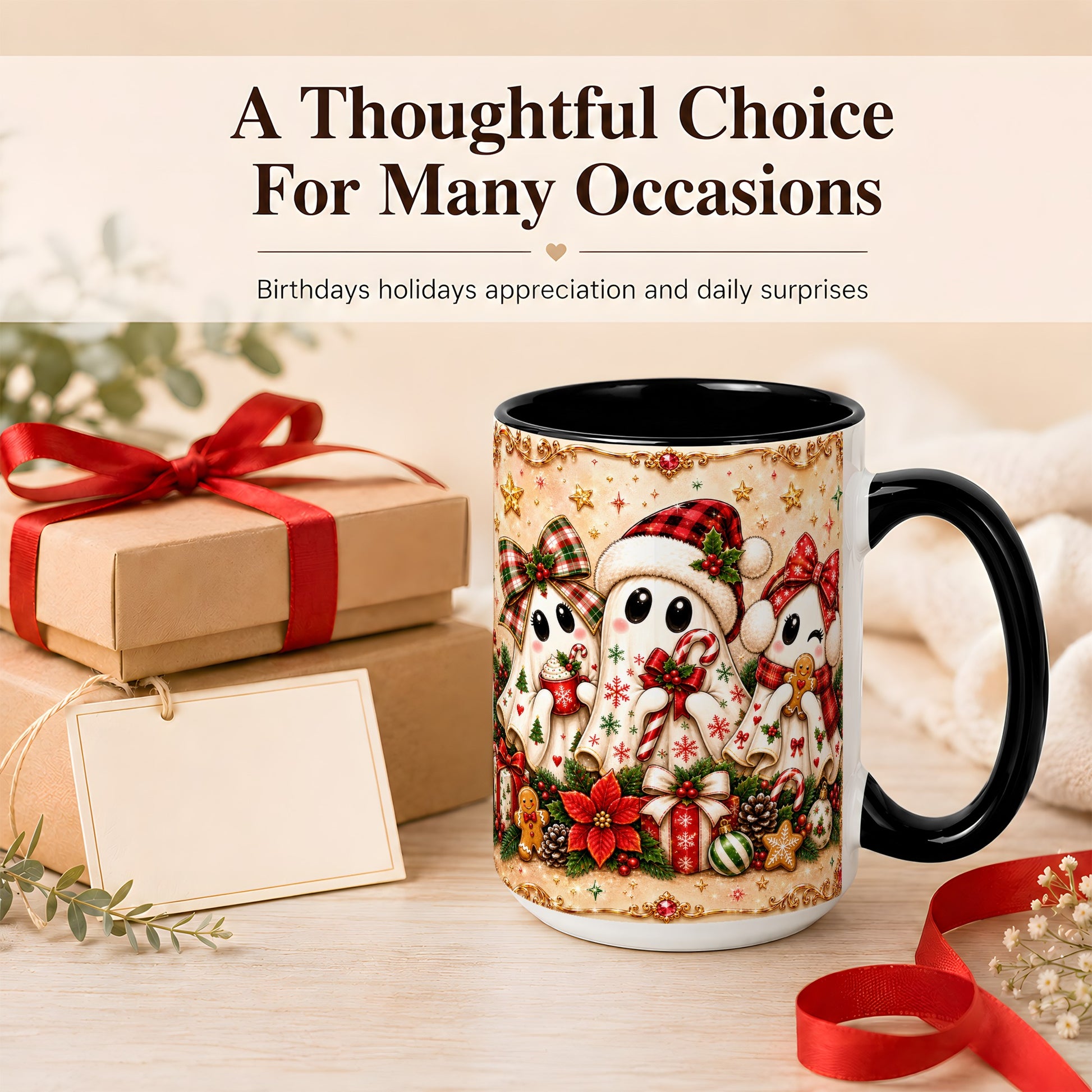 #pl[15oz|Black] Christmas Ghost Trio Coffee Mug, Holiday Ghost Mug, Ceramic Cup