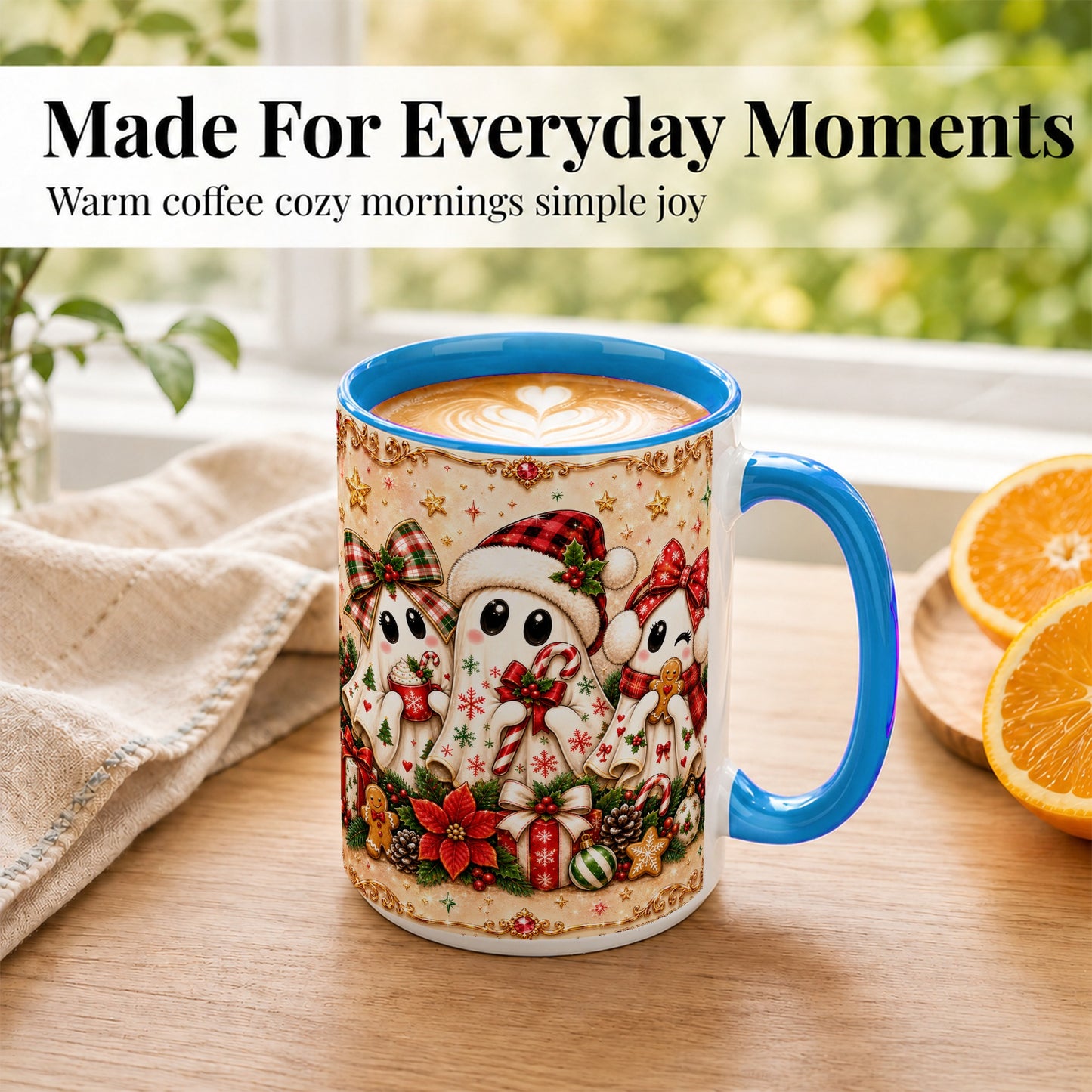 #pl[15oz|Blue] Christmas Ghost Trio Coffee Mug, Holiday Ghost Mug, Ceramic Cup