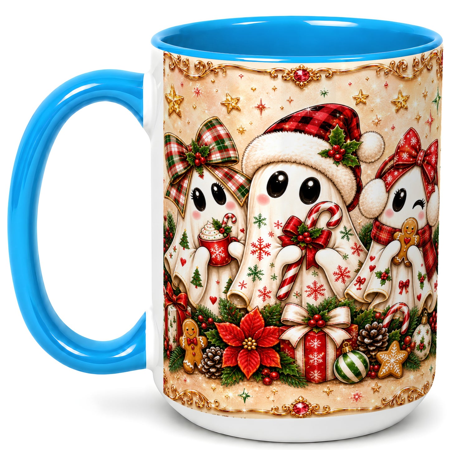 #pl[15oz|Blue] Christmas Ghost Trio Coffee Mug, Holiday Ghost Mug, Ceramic Cup