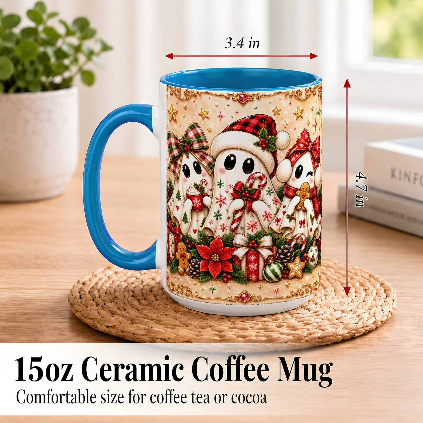 #pl[15oz|Blue] Christmas Ghost Trio Coffee Mug, Holiday Ghost Mug, Ceramic Cup