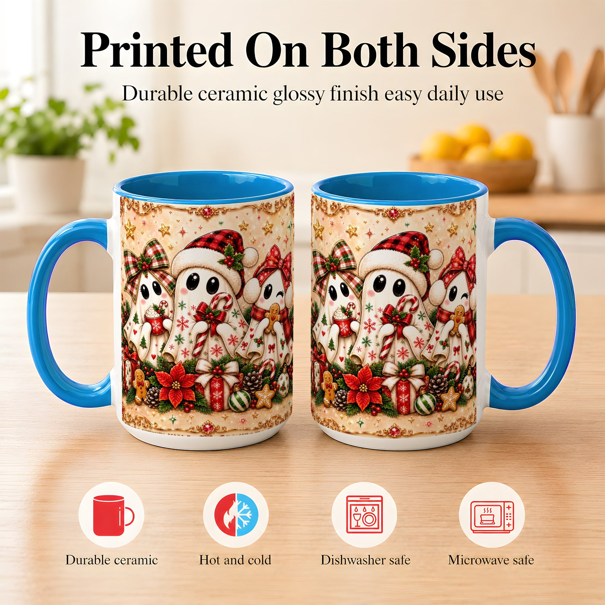 #pl[15oz|Blue] Christmas Ghost Trio Coffee Mug, Holiday Ghost Mug, Ceramic Cup