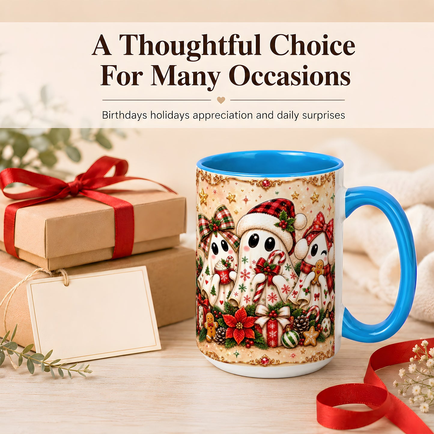 #pl[15oz|Blue] Christmas Ghost Trio Coffee Mug, Holiday Ghost Mug, Ceramic Cup
