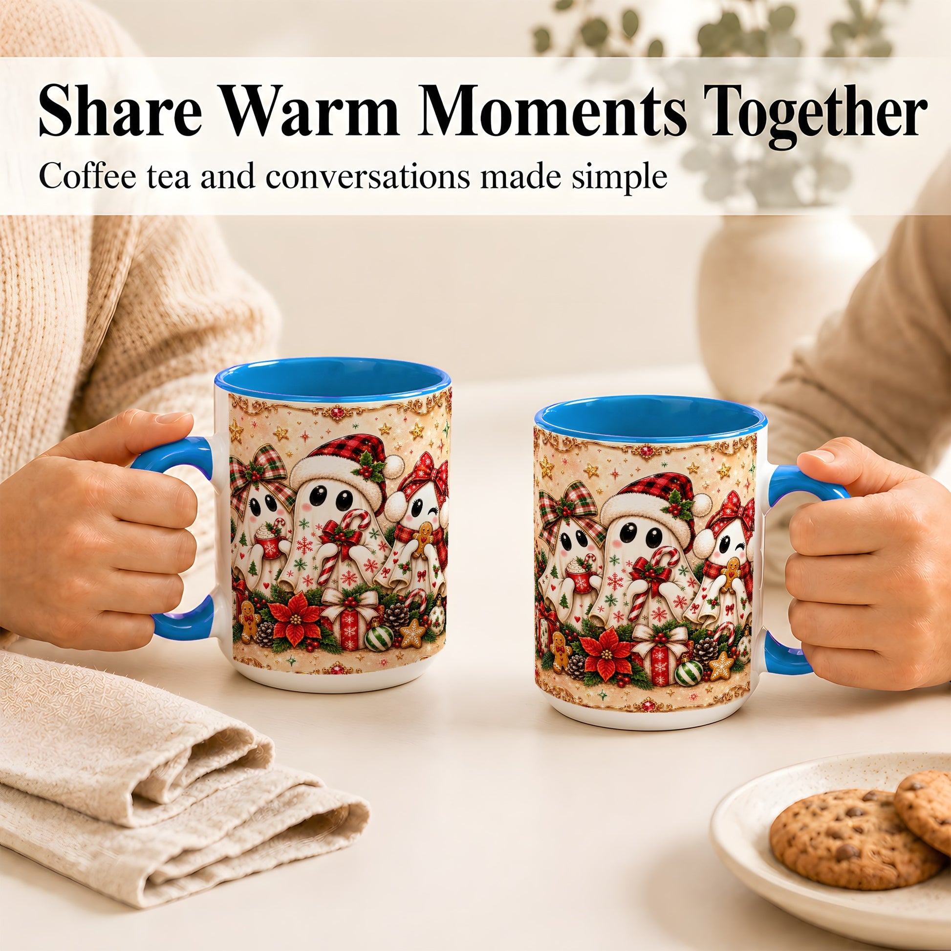 #pl[15oz|Blue] Christmas Ghost Trio Coffee Mug, Holiday Ghost Mug, Ceramic Cup