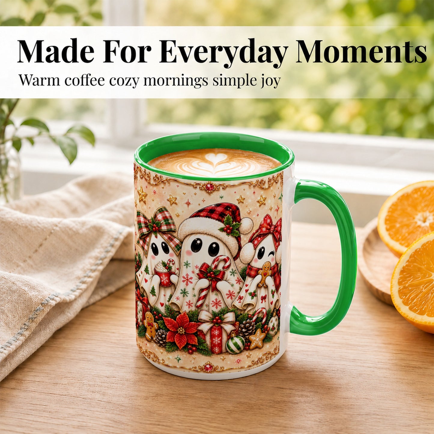 #pl[15oz|Green] Christmas Ghost Trio Coffee Mug, Holiday Ghost Mug, Ceramic Cup