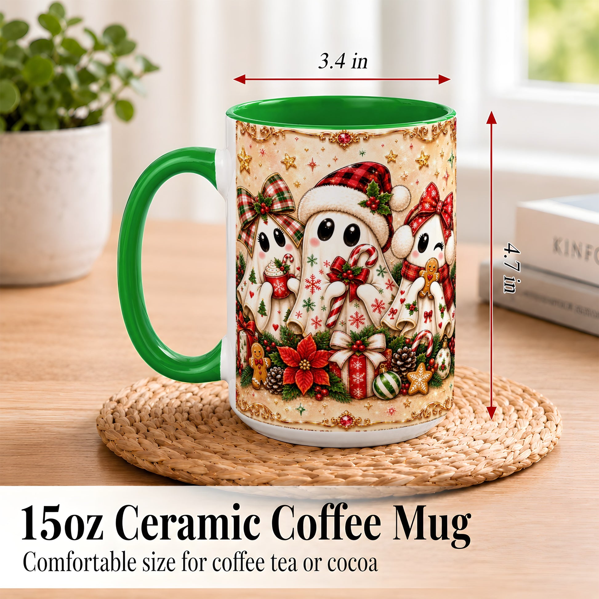 #pl[15oz|Green] Christmas Ghost Trio Coffee Mug, Holiday Ghost Mug, Ceramic Cup