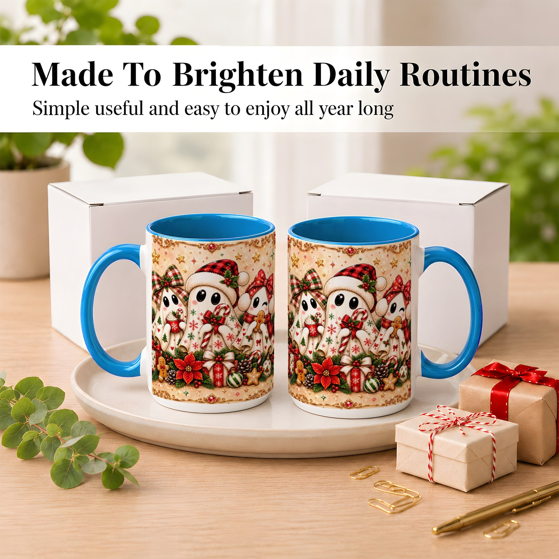 #pl[15oz|Blue] Christmas Ghost Trio Coffee Mug, Holiday Ghost Mug, Ceramic Cup