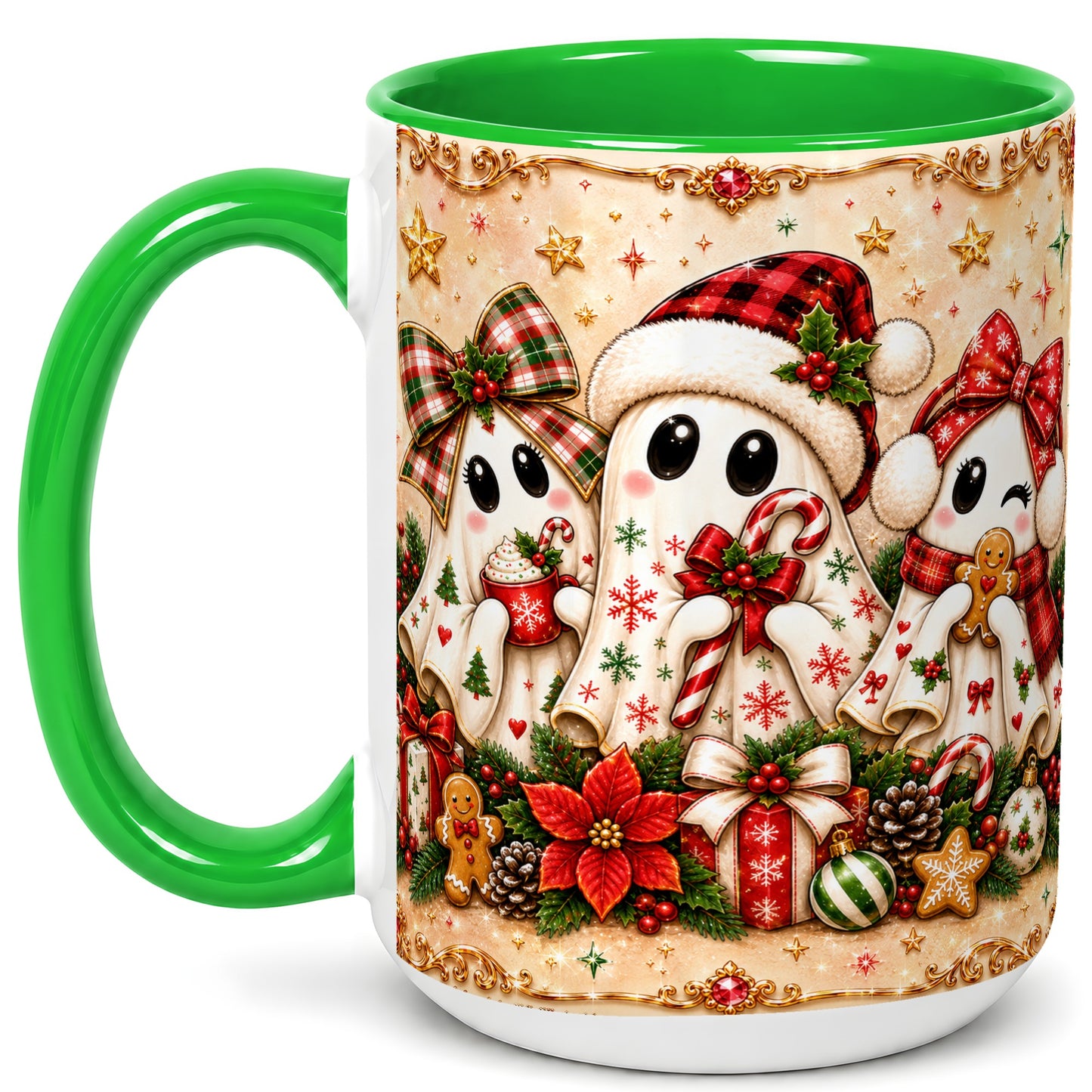 #pl[15oz|Green] Christmas Ghost Trio Coffee Mug, Holiday Ghost Mug, Ceramic Cup