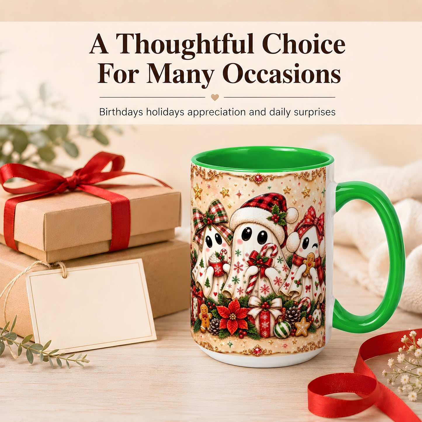 #pl[15oz|Green] Christmas Ghost Trio Coffee Mug, Holiday Ghost Mug, Ceramic Cup