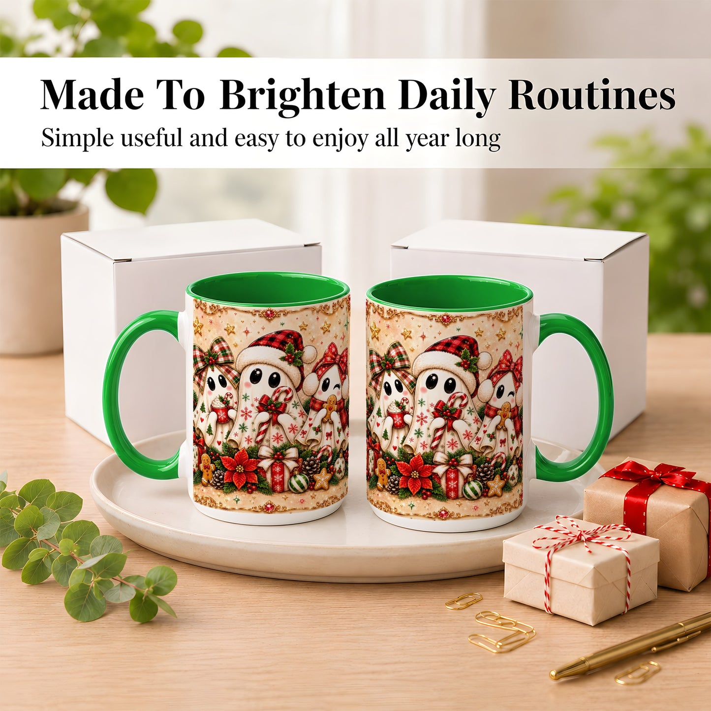 #pl[15oz|Green] Christmas Ghost Trio Coffee Mug, Holiday Ghost Mug, Ceramic Cup