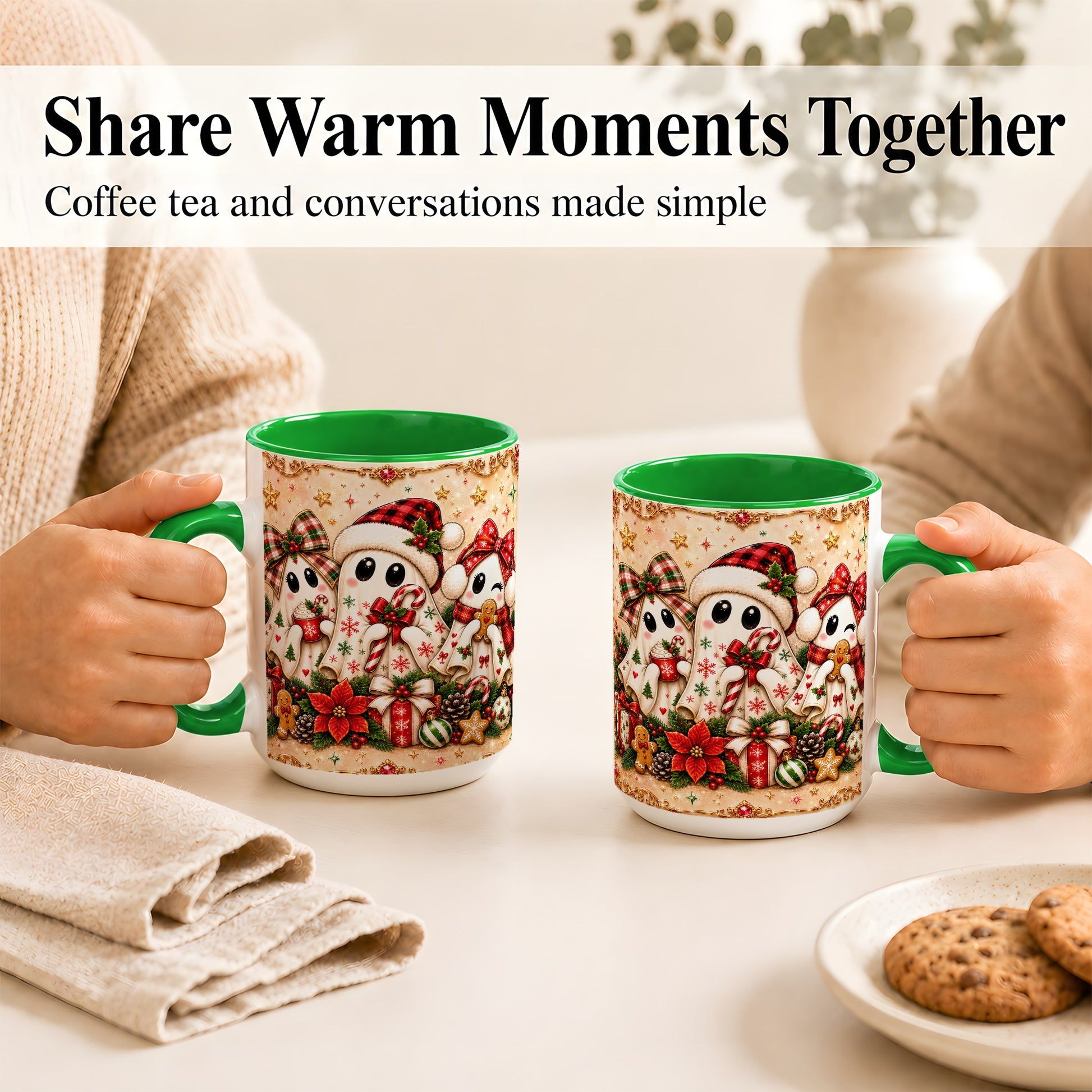 #pl[15oz|Green] Christmas Ghost Trio Coffee Mug, Holiday Ghost Mug, Ceramic Cup