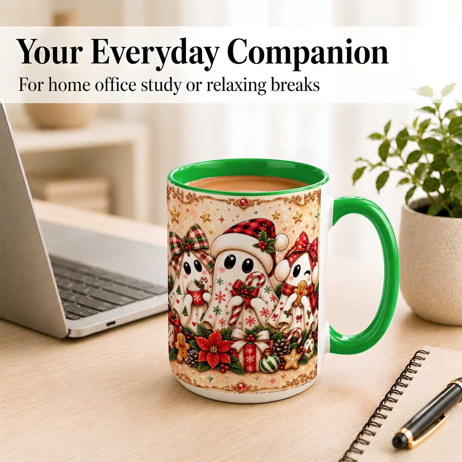 #pl[15oz|Green] Christmas Ghost Trio Coffee Mug, Holiday Ghost Mug, Ceramic Cup
