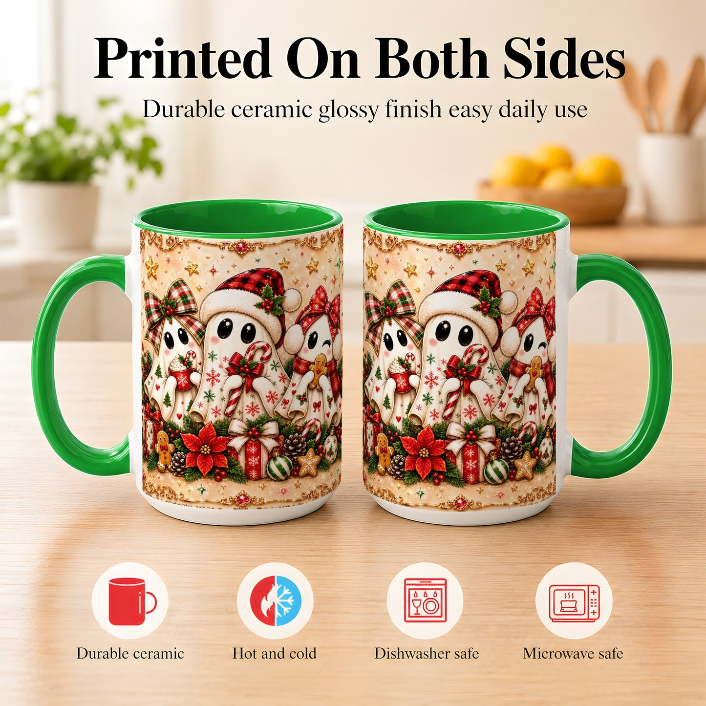 #pl[15oz|Green] Christmas Ghost Trio Coffee Mug, Holiday Ghost Mug, Ceramic Cup