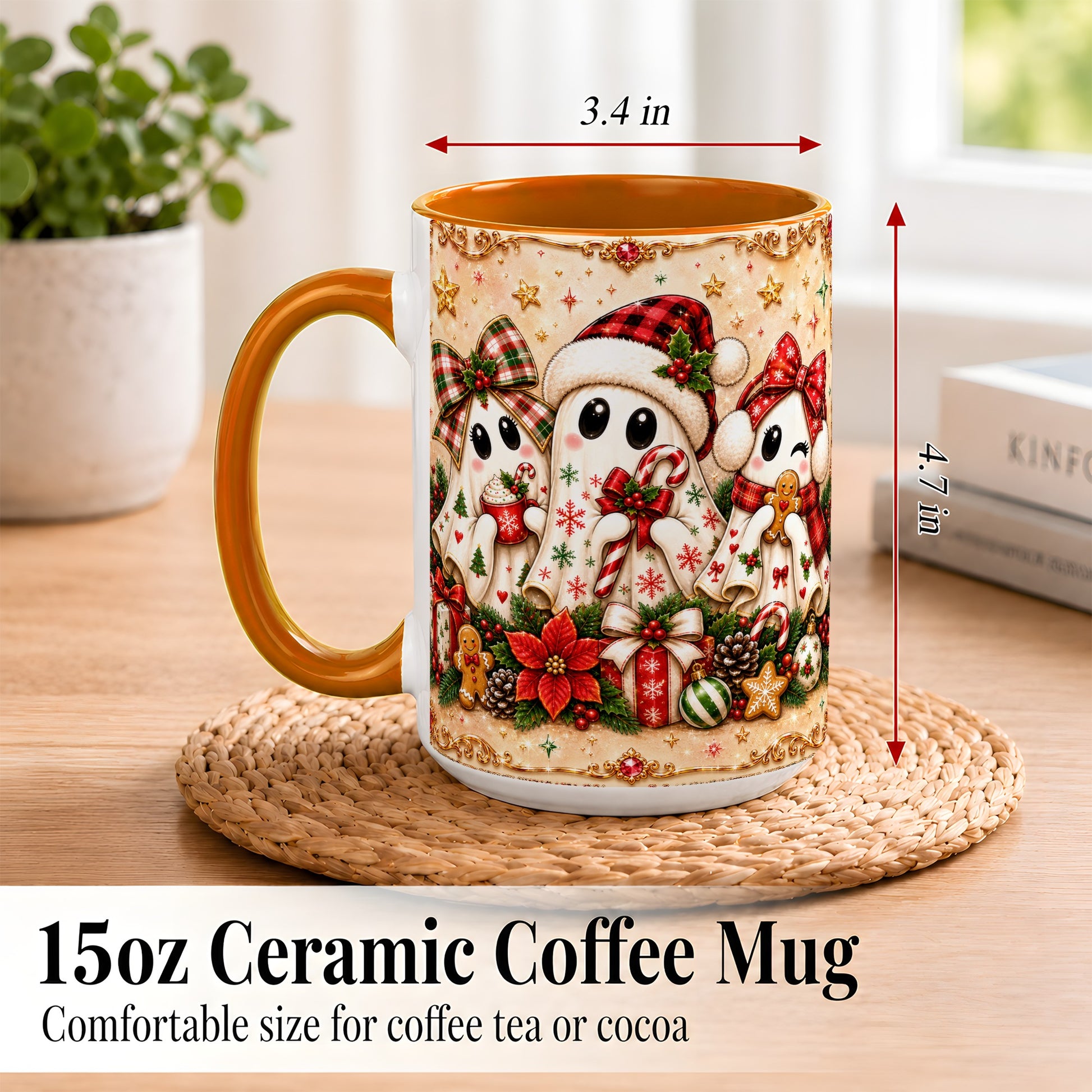 #pl[15oz|Orange] Christmas Ghost Trio Coffee Mug, Holiday Ghost Mug, Ceramic Cup