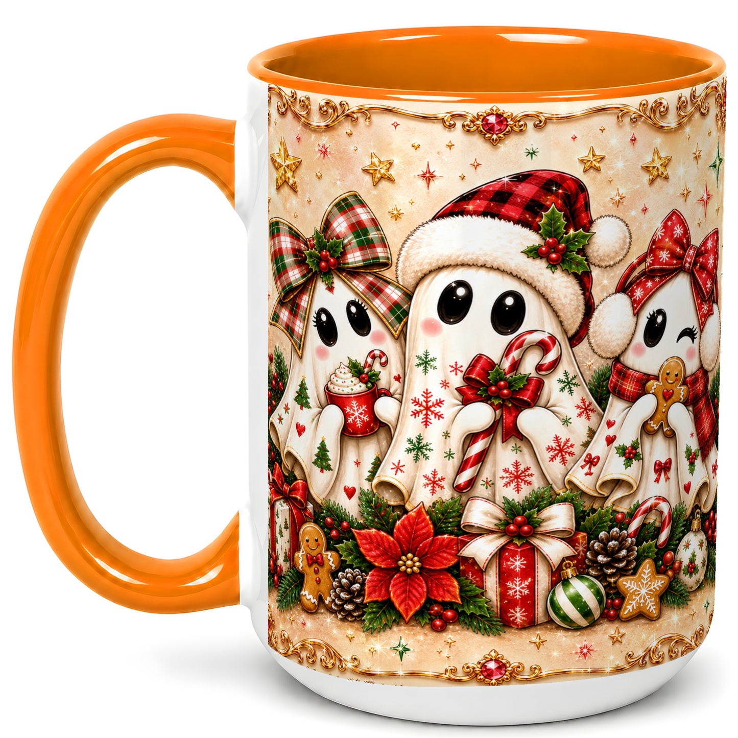 #pl[15oz|Orange] Christmas Ghost Trio Coffee Mug, Holiday Ghost Mug, Ceramic Cup