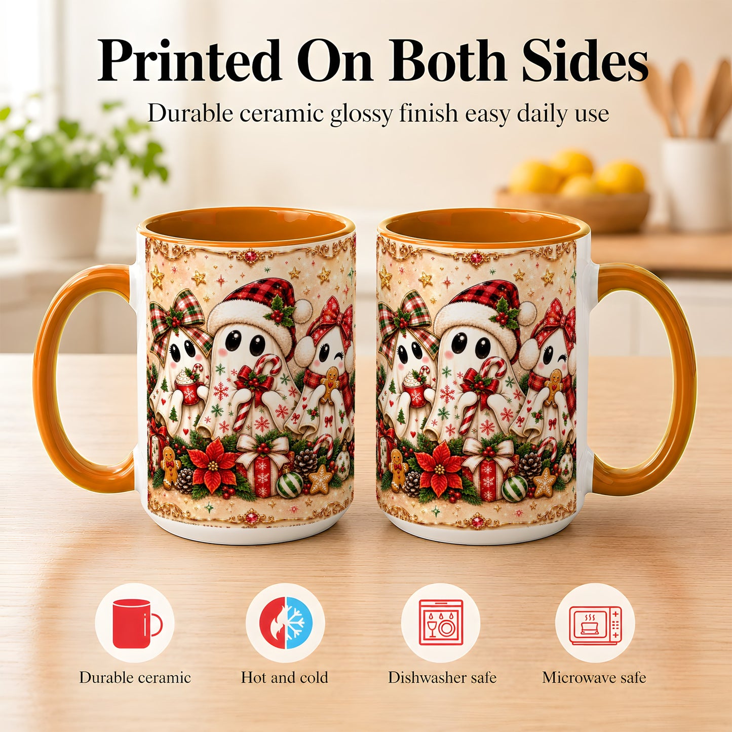#pl[15oz|Orange] Christmas Ghost Trio Coffee Mug, Holiday Ghost Mug, Ceramic Cup