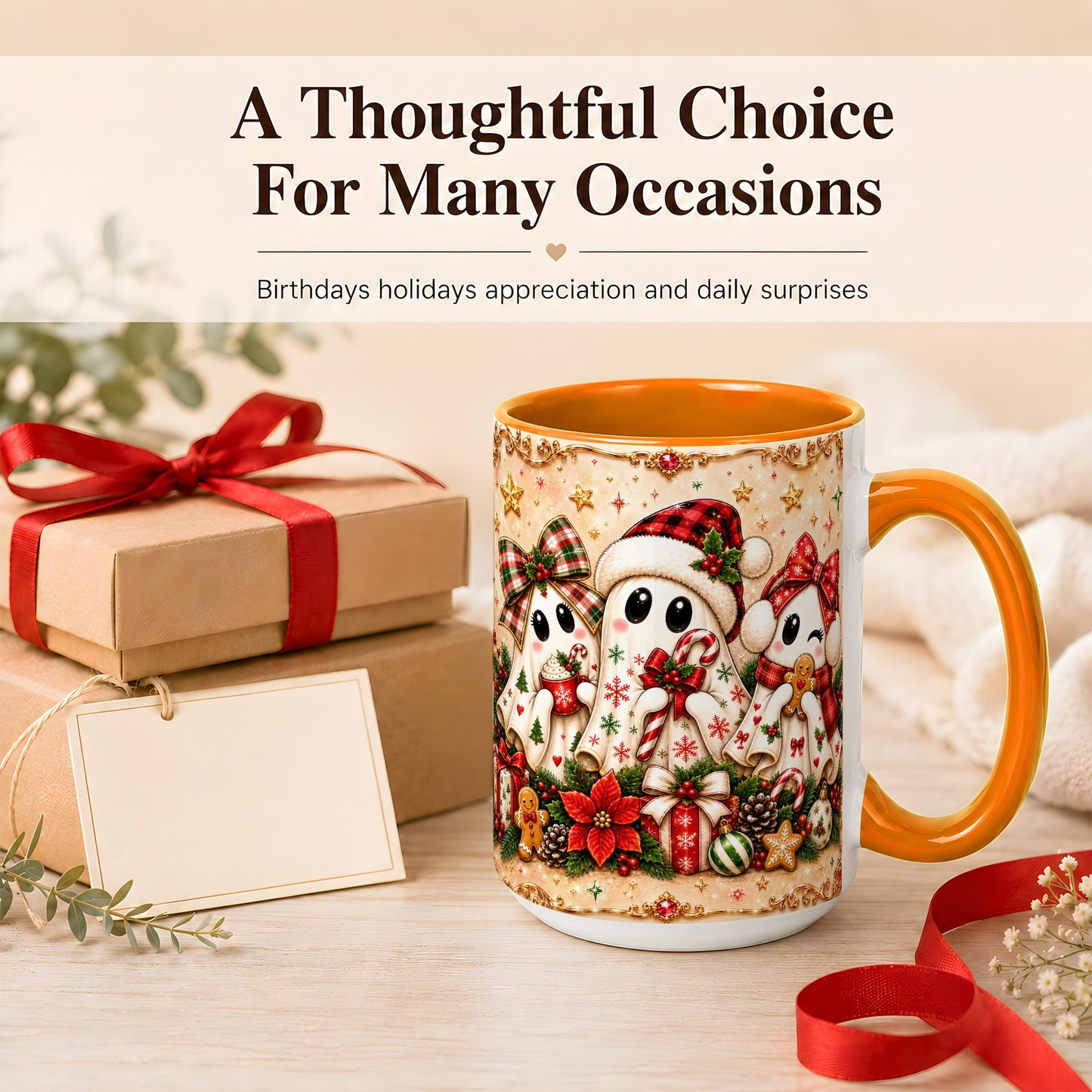 #pl[15oz|Orange] Christmas Ghost Trio Coffee Mug, Holiday Ghost Mug, Ceramic Cup