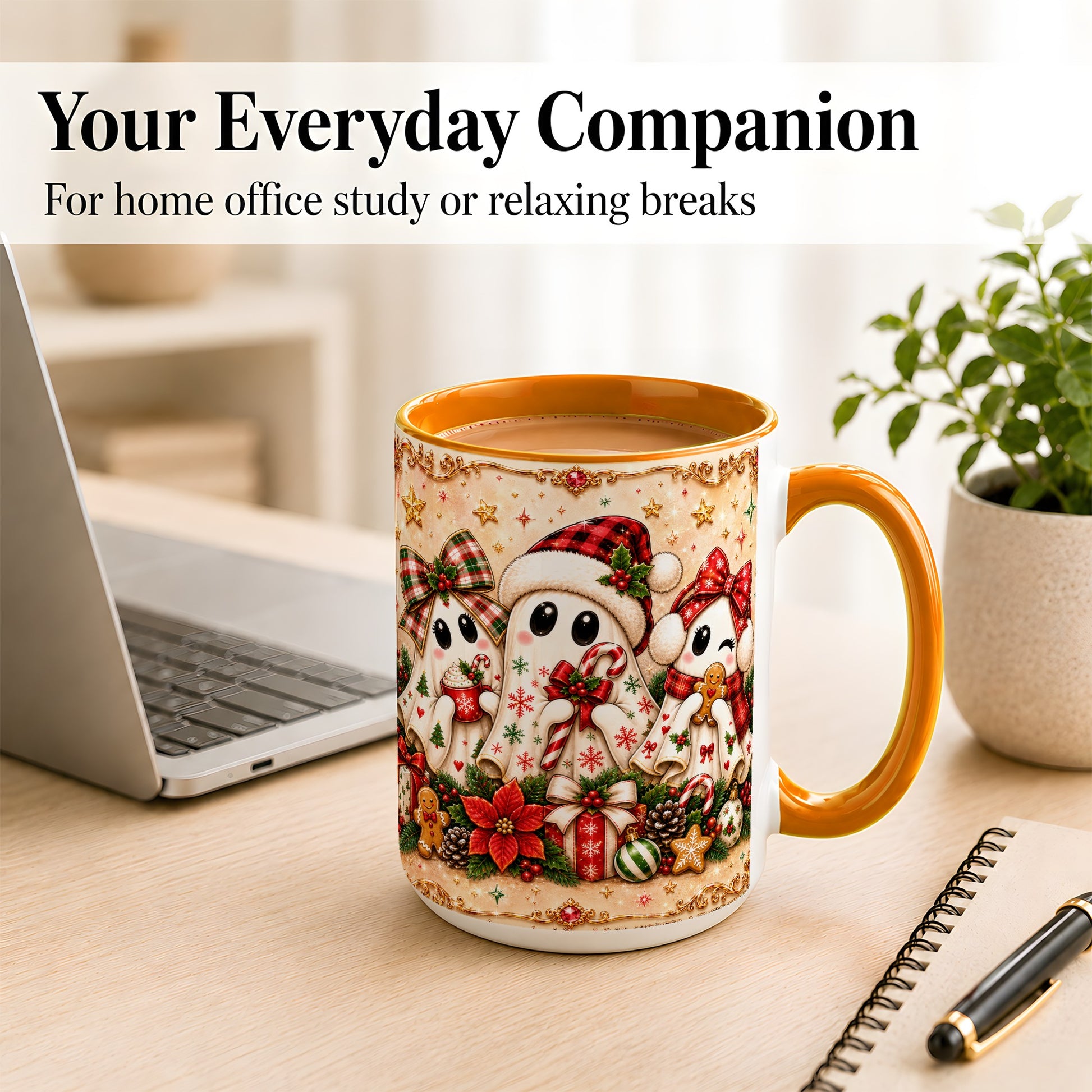 #pl[15oz|Orange] Christmas Ghost Trio Coffee Mug, Holiday Ghost Mug, Ceramic Cup