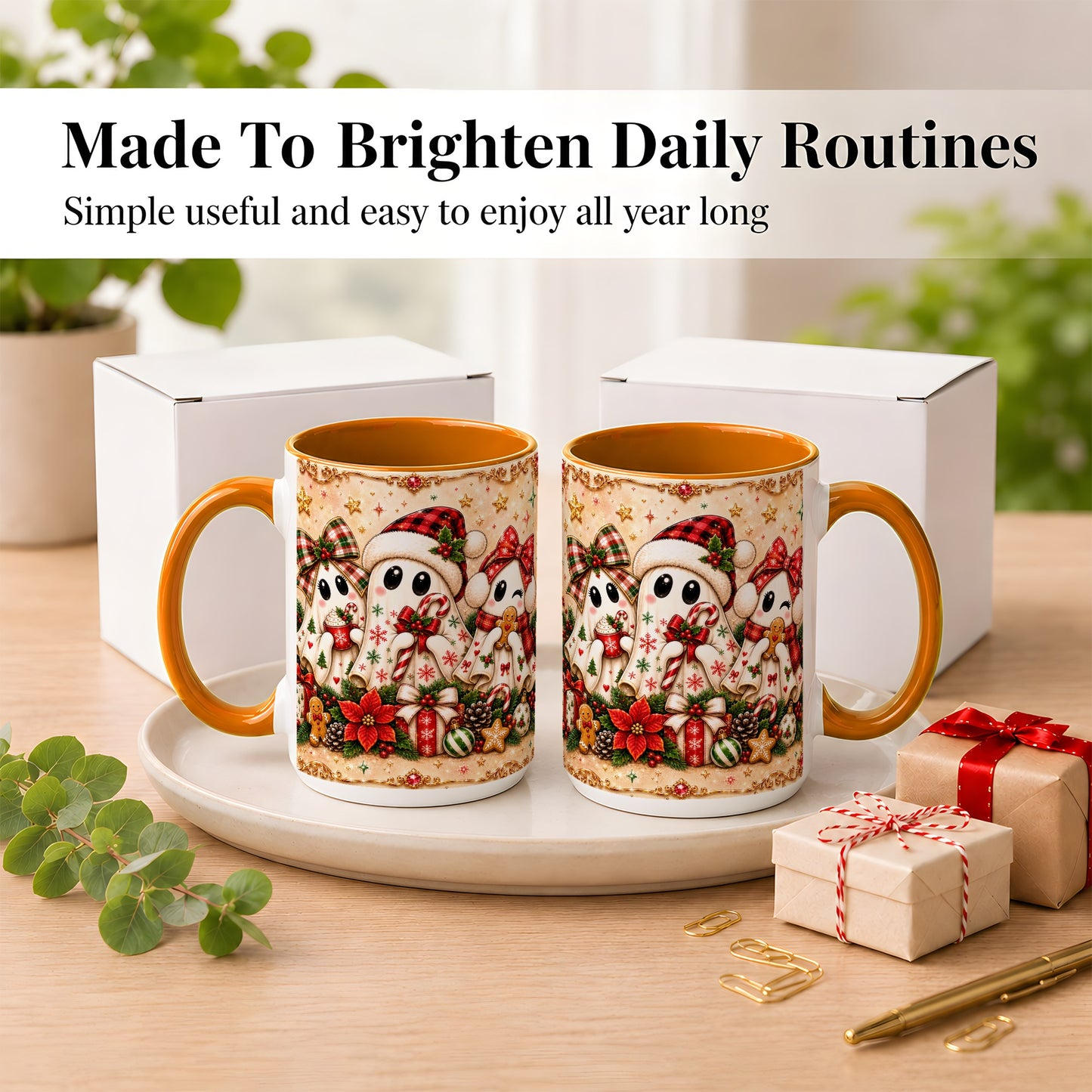 #pl[15oz|Orange] Christmas Ghost Trio Coffee Mug, Holiday Ghost Mug, Ceramic Cup