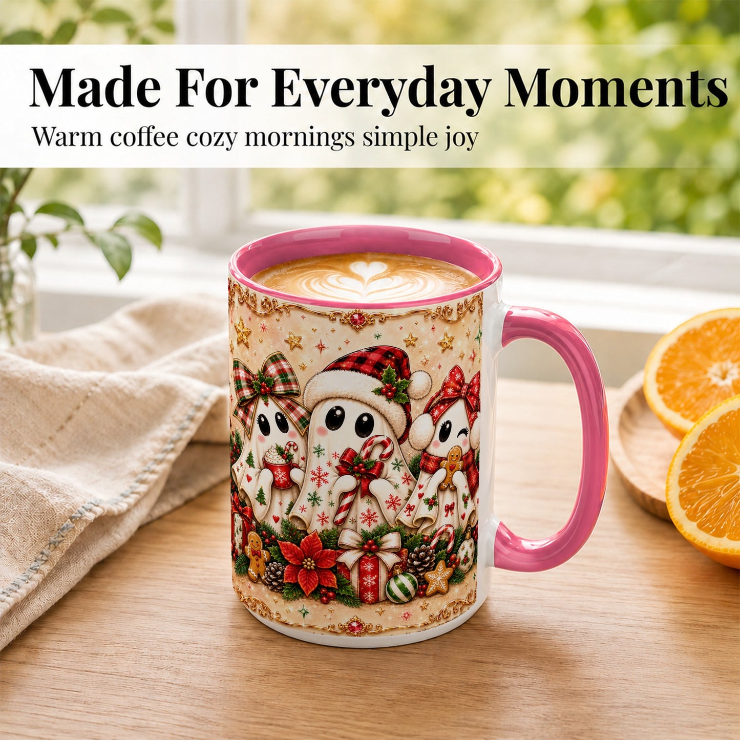#pl[15oz|Pink] Christmas Ghost Trio Coffee Mug, Holiday Ghost Mug, Ceramic Cup