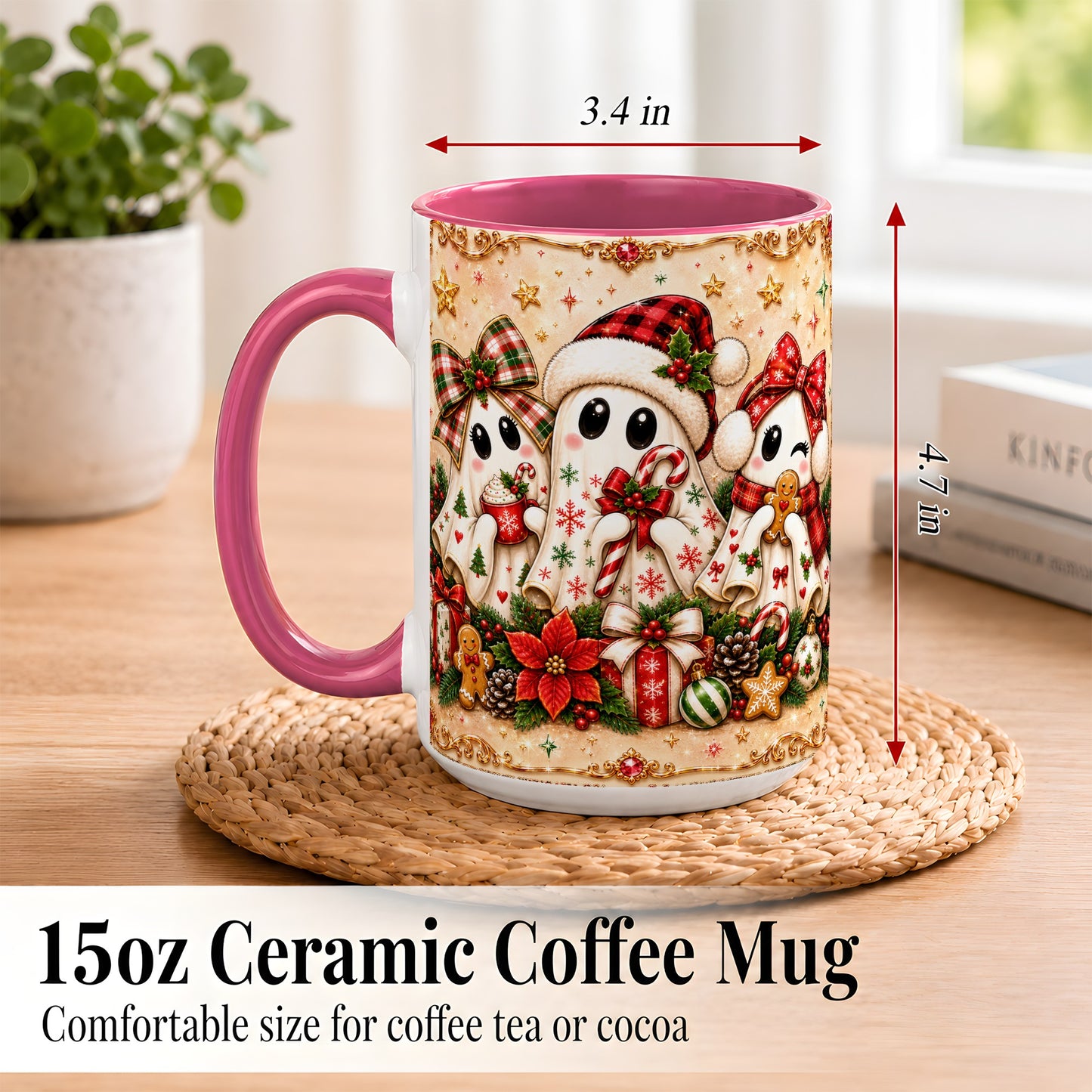 #pl[15oz|Pink] Christmas Ghost Trio Coffee Mug, Holiday Ghost Mug, Ceramic Cup