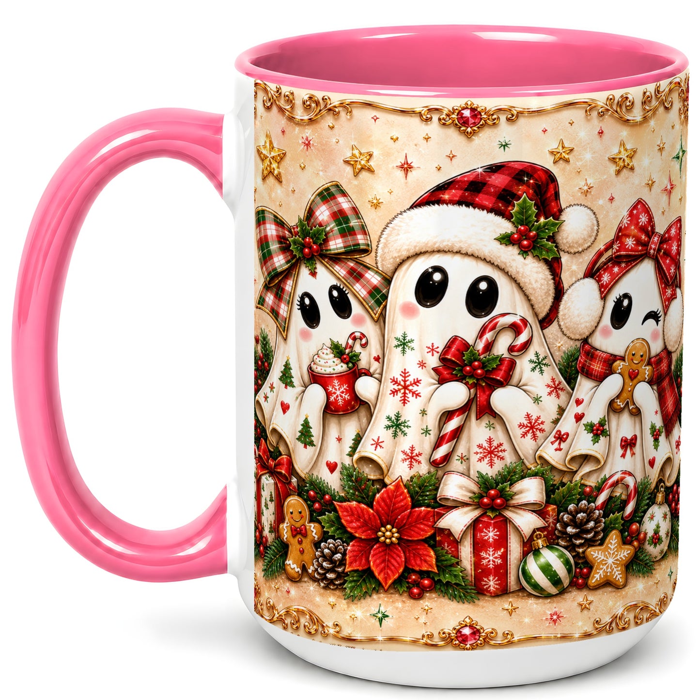 #pl[15oz|Pink] Christmas Ghost Trio Coffee Mug, Holiday Ghost Mug, Ceramic Cup