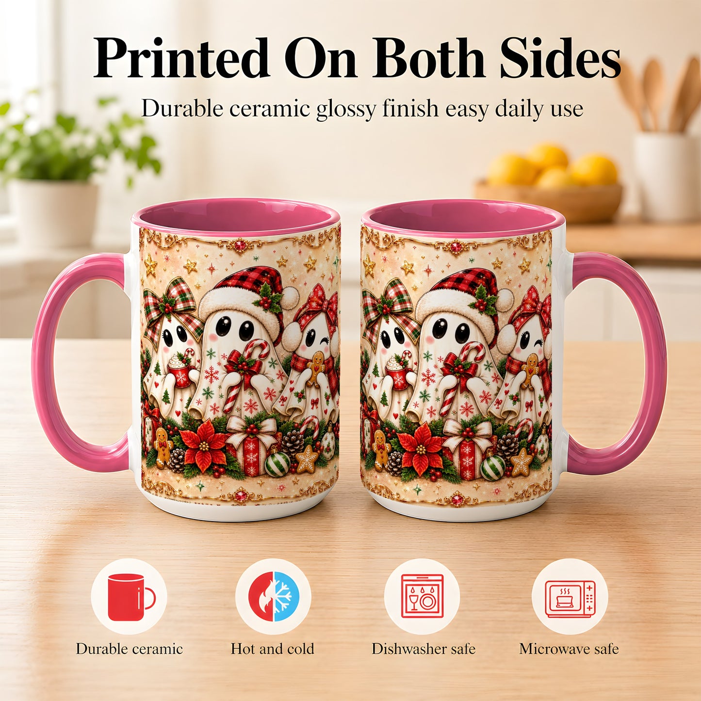 #pl[15oz|Pink] Christmas Ghost Trio Coffee Mug, Holiday Ghost Mug, Ceramic Cup