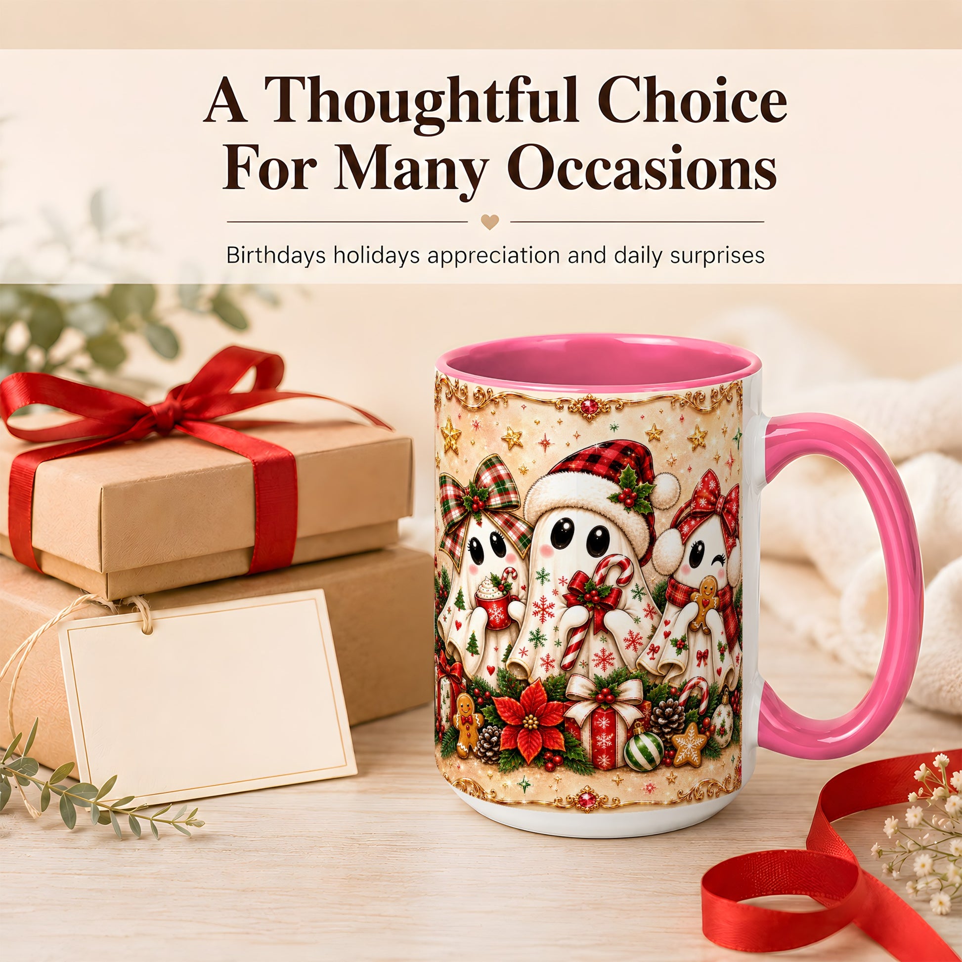 #pl[15oz|Pink] Christmas Ghost Trio Coffee Mug, Holiday Ghost Mug, Ceramic Cup