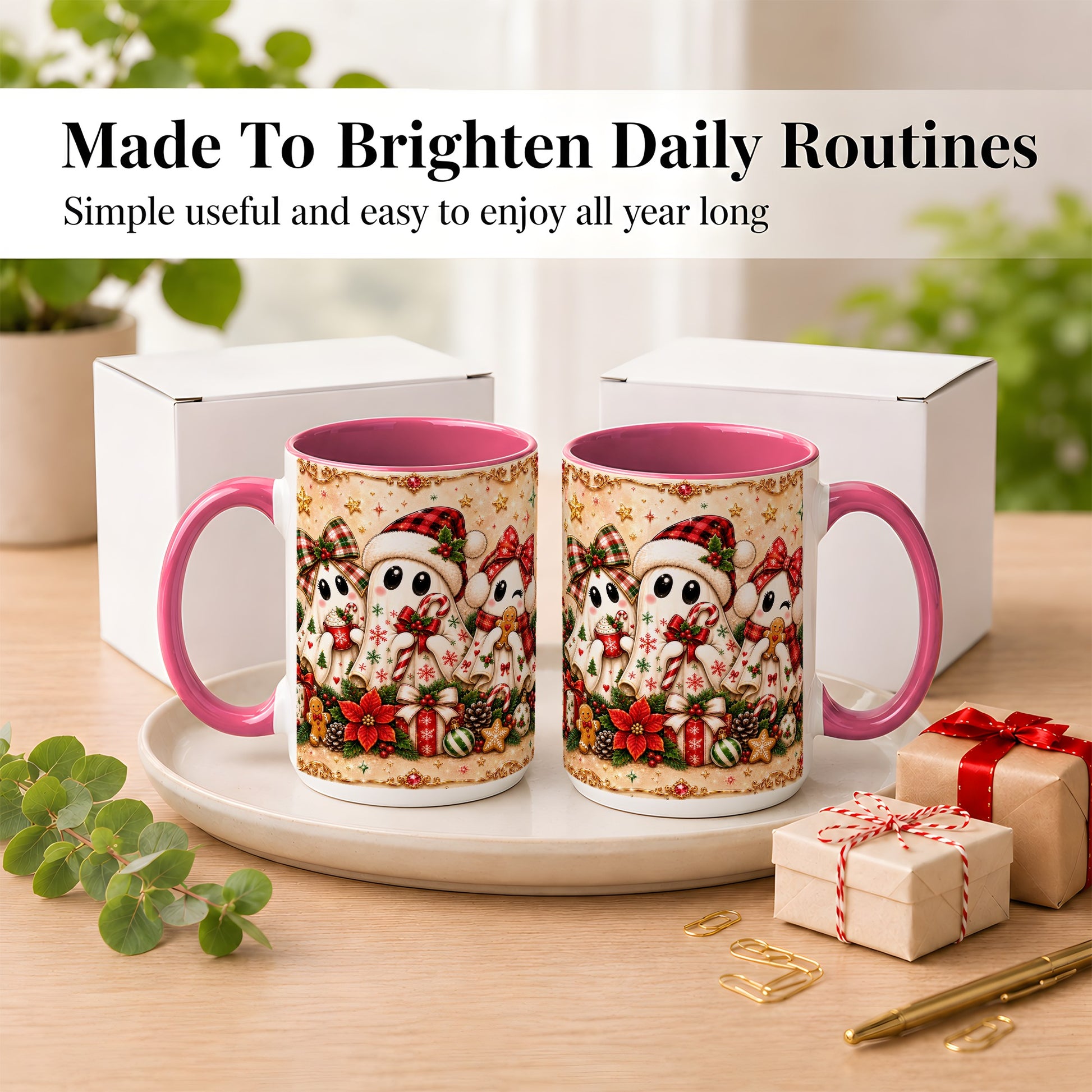 #pl[15oz|Pink] Christmas Ghost Trio Coffee Mug, Holiday Ghost Mug, Ceramic Cup