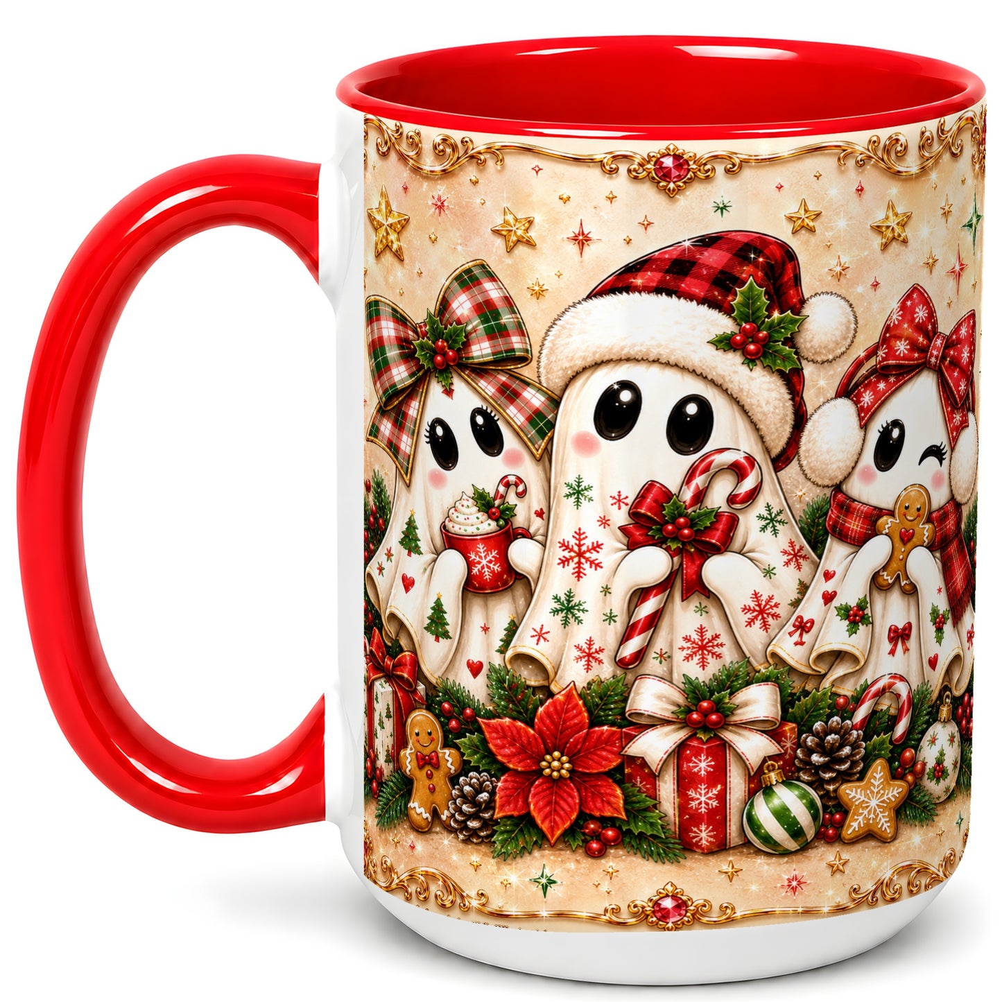 #pl[15oz|Red] Christmas Ghost Trio Coffee Mug, Holiday Ghost Mug, Ceramic Cup