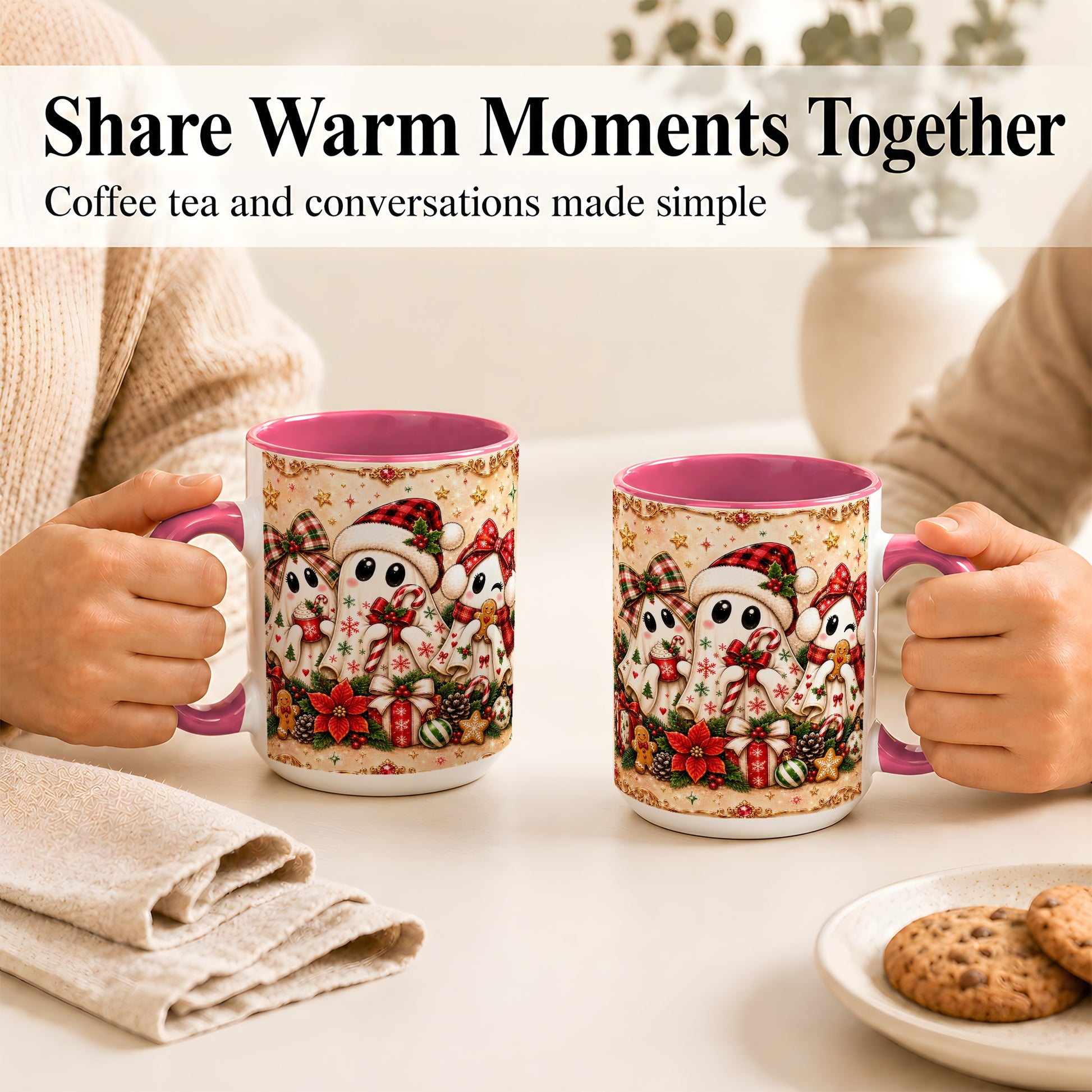 #pl[15oz|Pink] Christmas Ghost Trio Coffee Mug, Holiday Ghost Mug, Ceramic Cup
