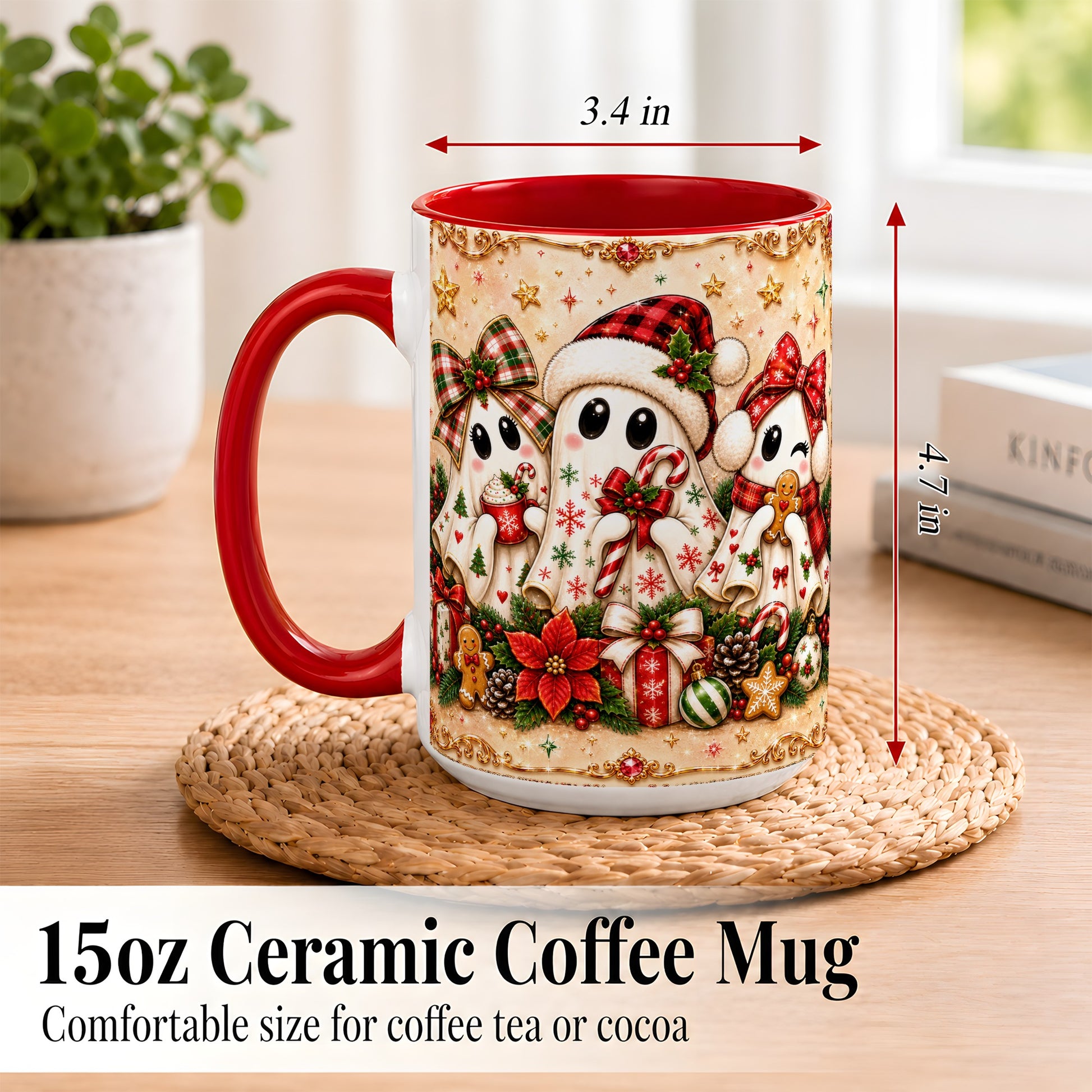 #pl[15oz|Red] Christmas Ghost Trio Coffee Mug, Holiday Ghost Mug, Ceramic Cup