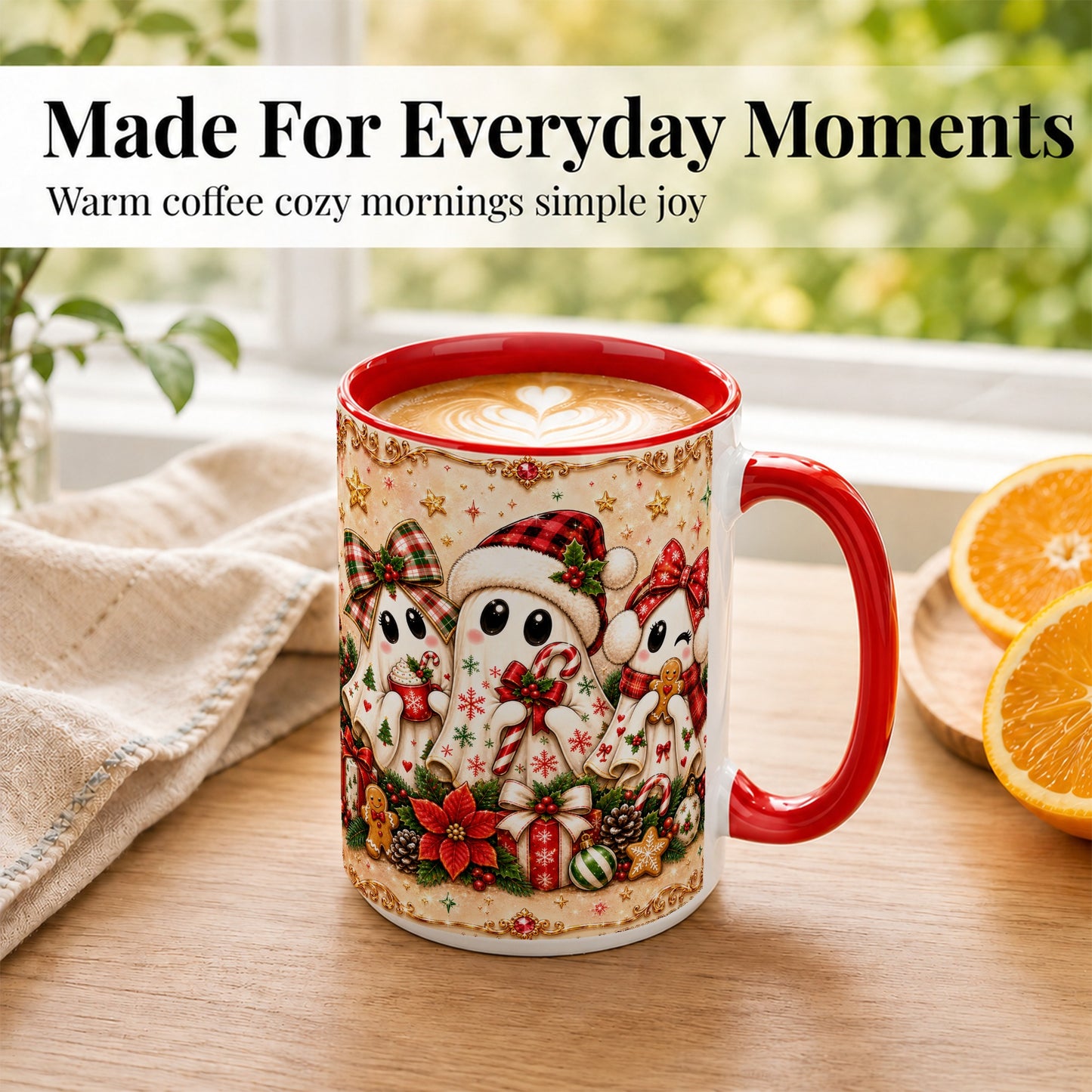 #pl[15oz|Red] Christmas Ghost Trio Coffee Mug, Holiday Ghost Mug, Ceramic Cup