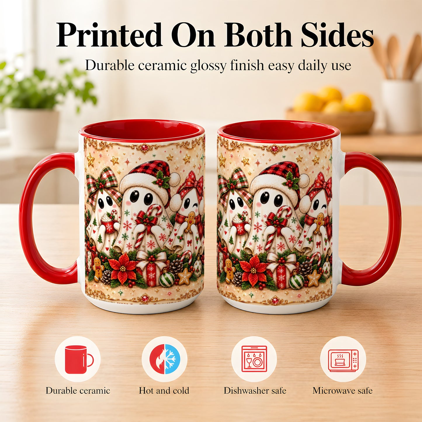 #pl[15oz|Red] Christmas Ghost Trio Coffee Mug, Holiday Ghost Mug, Ceramic Cup