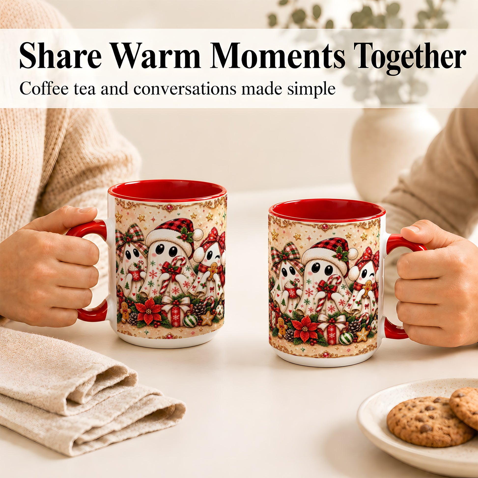 #pl[15oz|Red] Christmas Ghost Trio Coffee Mug, Holiday Ghost Mug, Ceramic Cup