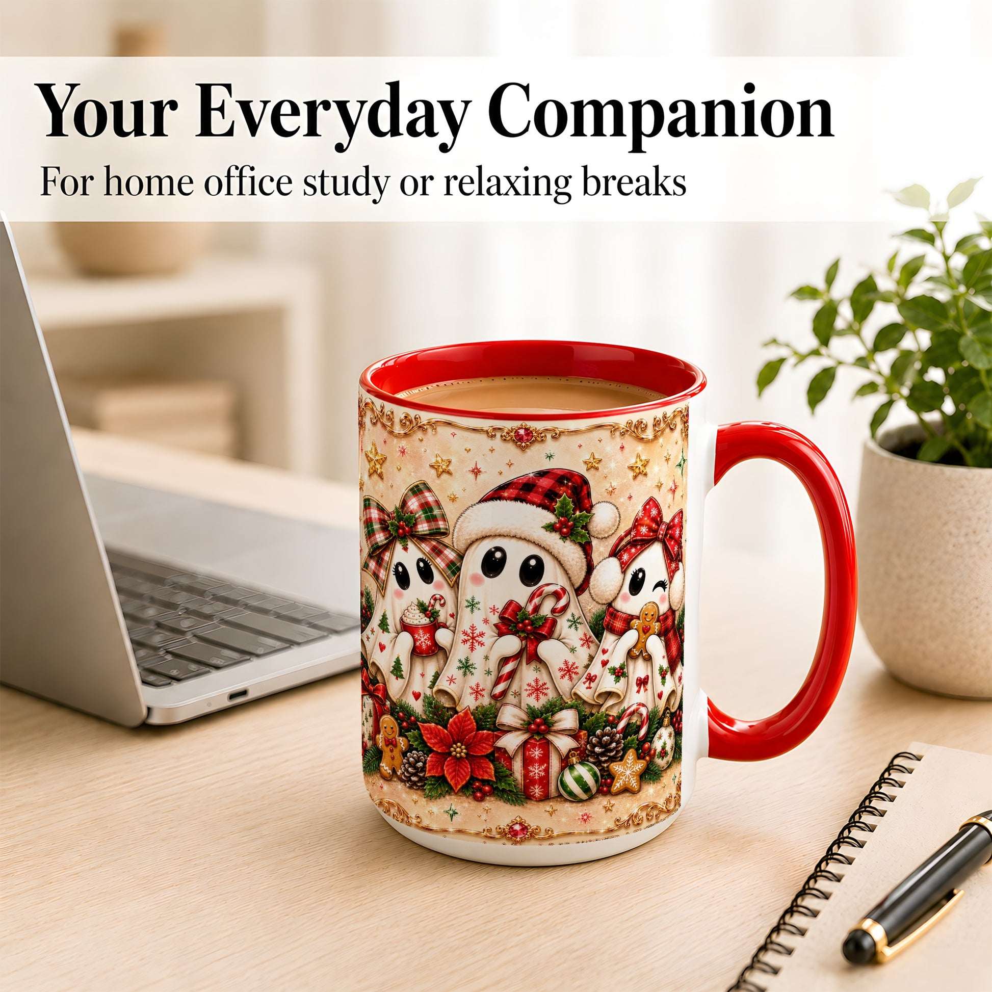 #pl[15oz|Red] Christmas Ghost Trio Coffee Mug, Holiday Ghost Mug, Ceramic Cup